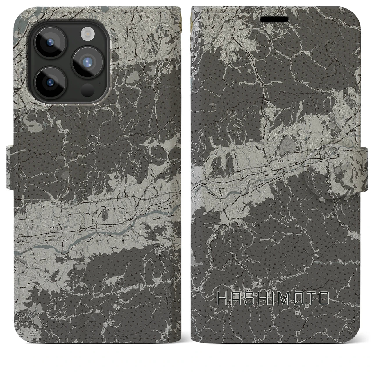 【橋本(和歌山県)】地図柄iPhoneケース(手帳タイプ)モノトーン・iPhone 15 Pro Max 用