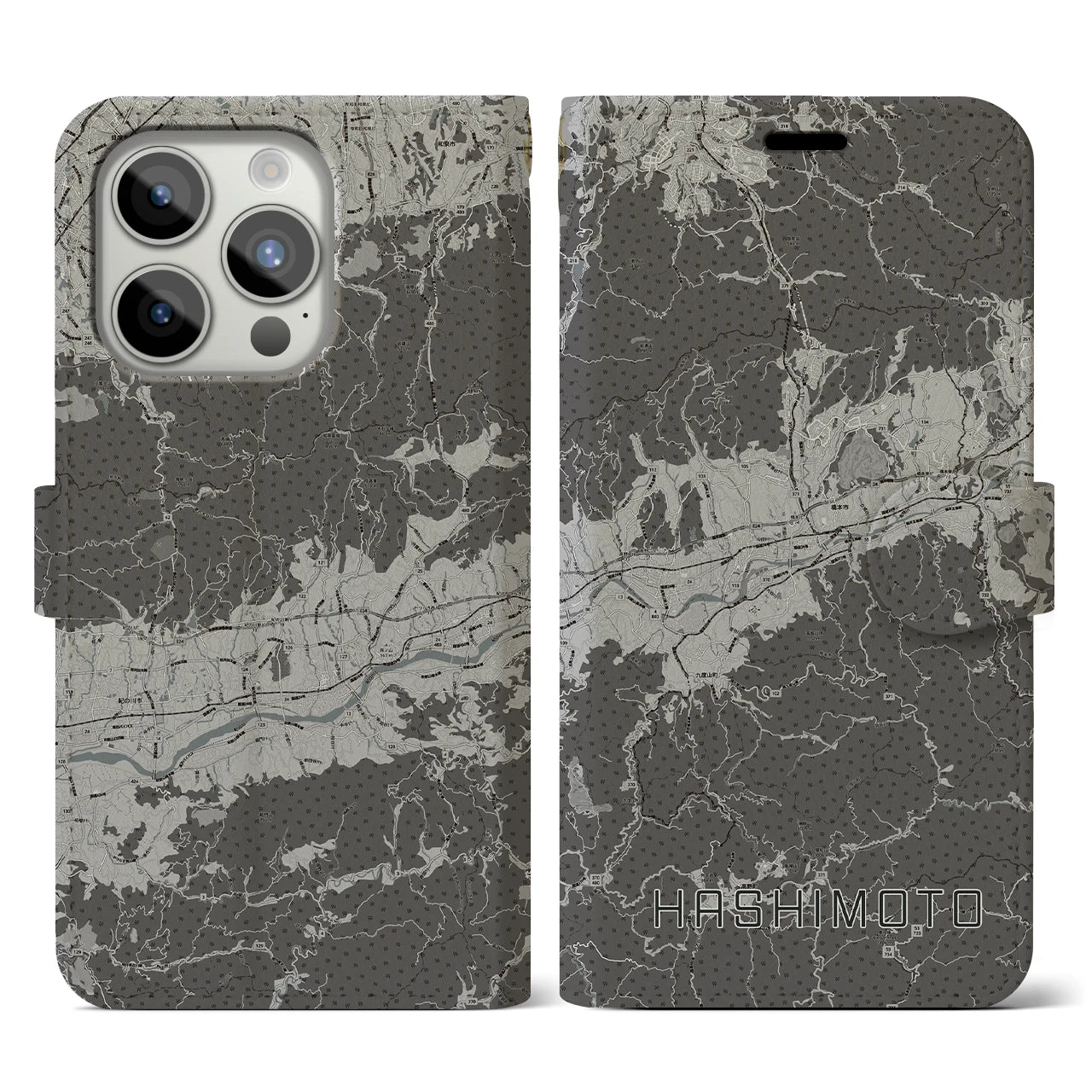 【橋本(和歌山県)】地図柄iPhoneケース(手帳タイプ)モノトーン・iPhone 15 Pro 用