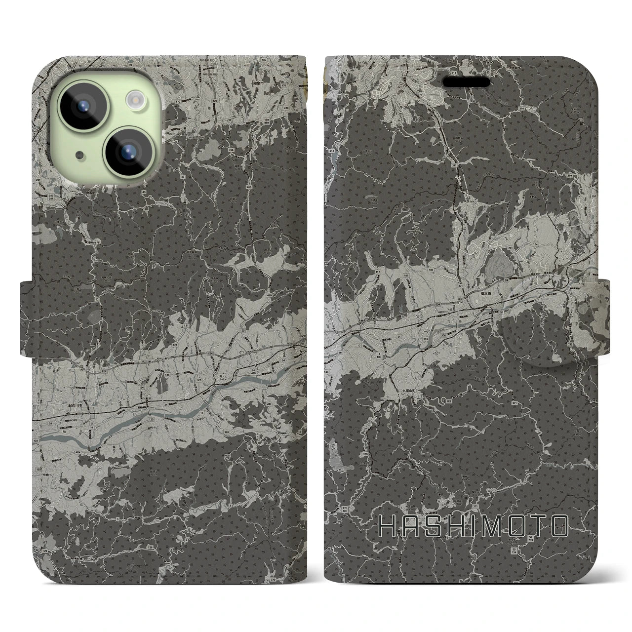 【橋本(和歌山県)】地図柄iPhoneケース(手帳タイプ)モノトーン・iPhone 15 用