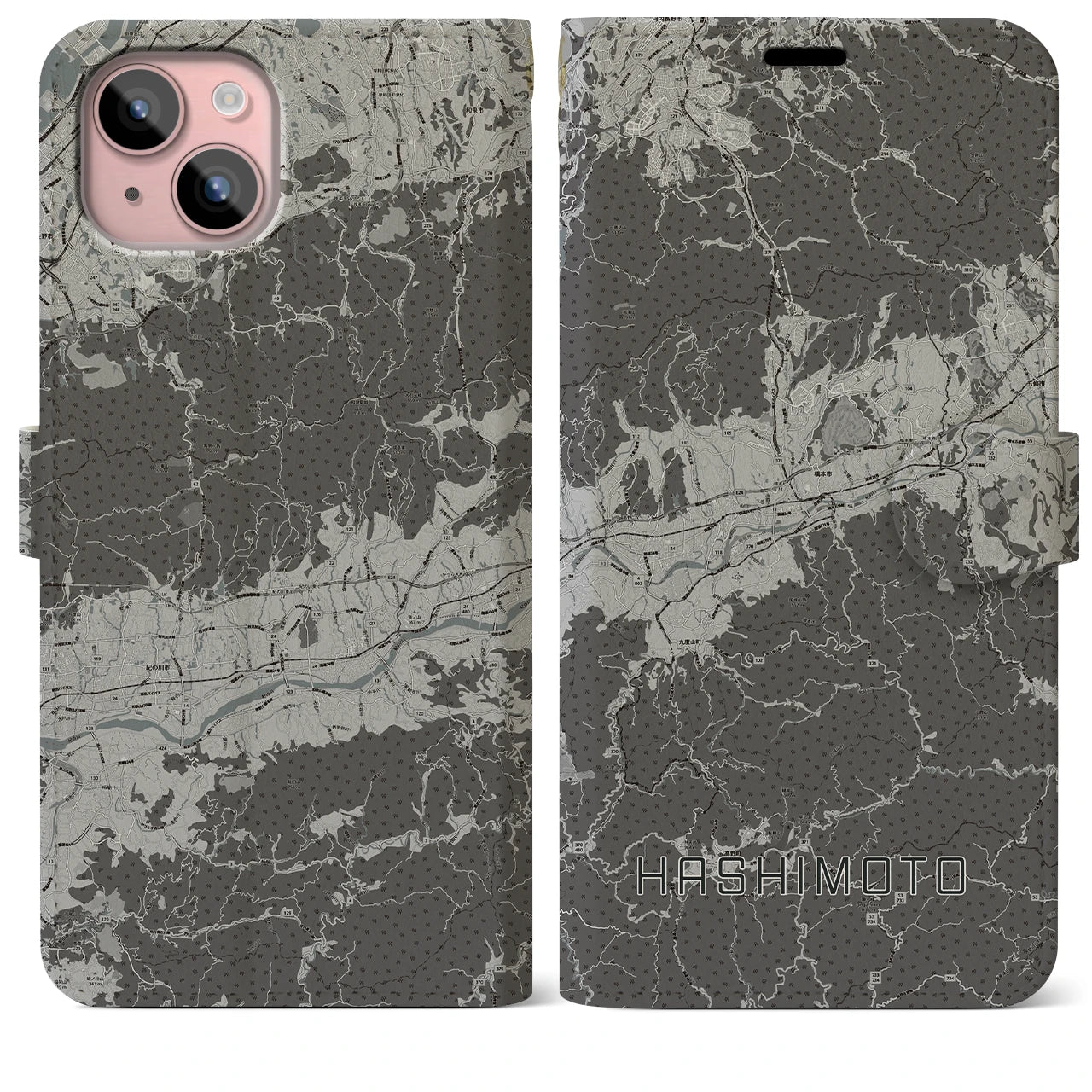 【橋本(和歌山県)】地図柄iPhoneケース(手帳タイプ)モノトーン・iPhone 15 Plus 用