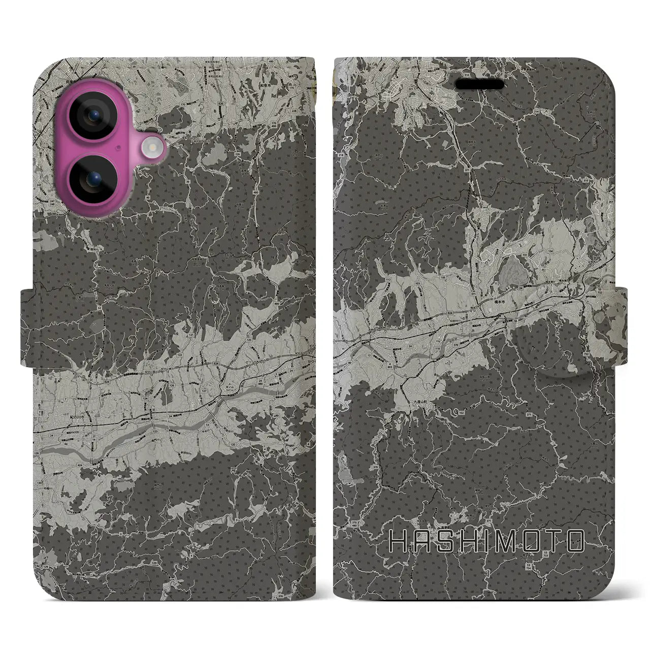 【橋本(和歌山県)】地図柄iPhoneケース(手帳タイプ)モノトーン・iPhone 16 Pro 用