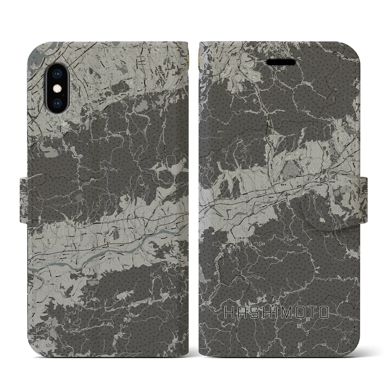 【橋本(和歌山県)】地図柄iPhoneケース(手帳タイプ)モノトーン・iPhone XS / X 用