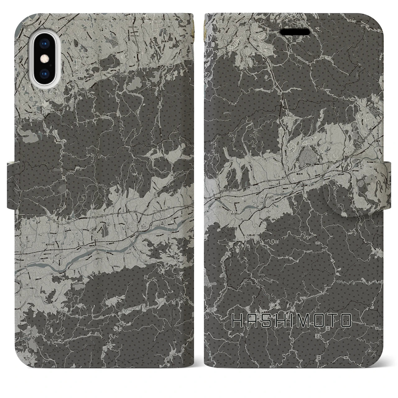 【橋本(和歌山県)】地図柄iPhoneケース(手帳タイプ)モノトーン・iPhone XS Max 用