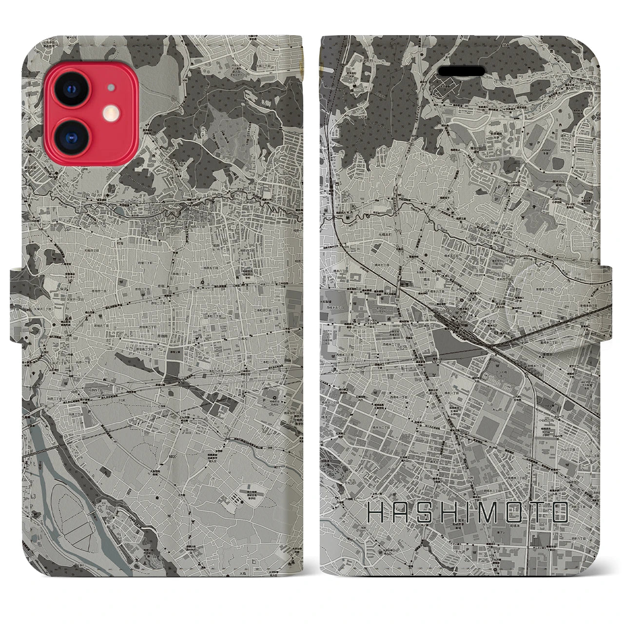 【橋本(神奈川県)】地図柄iPhoneケース(手帳タイプ)モノトーン・iPhone 11 用