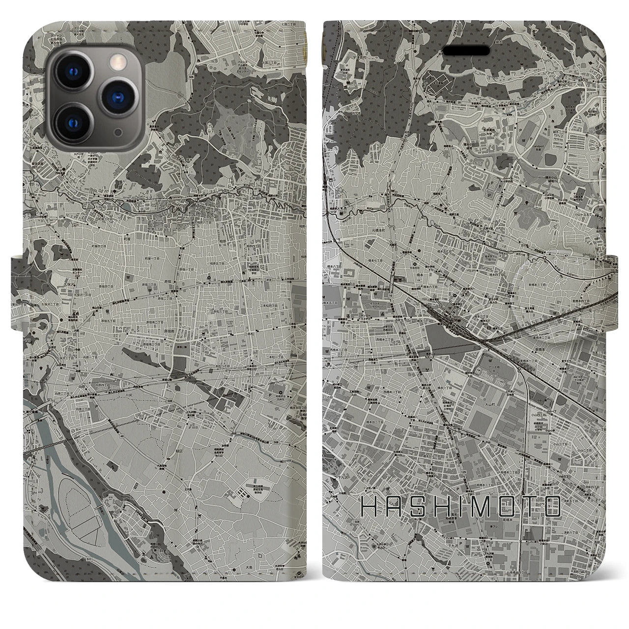 【橋本(神奈川県)】地図柄iPhoneケース(手帳タイプ)モノトーン・iPhone 11 Pro Max 用
