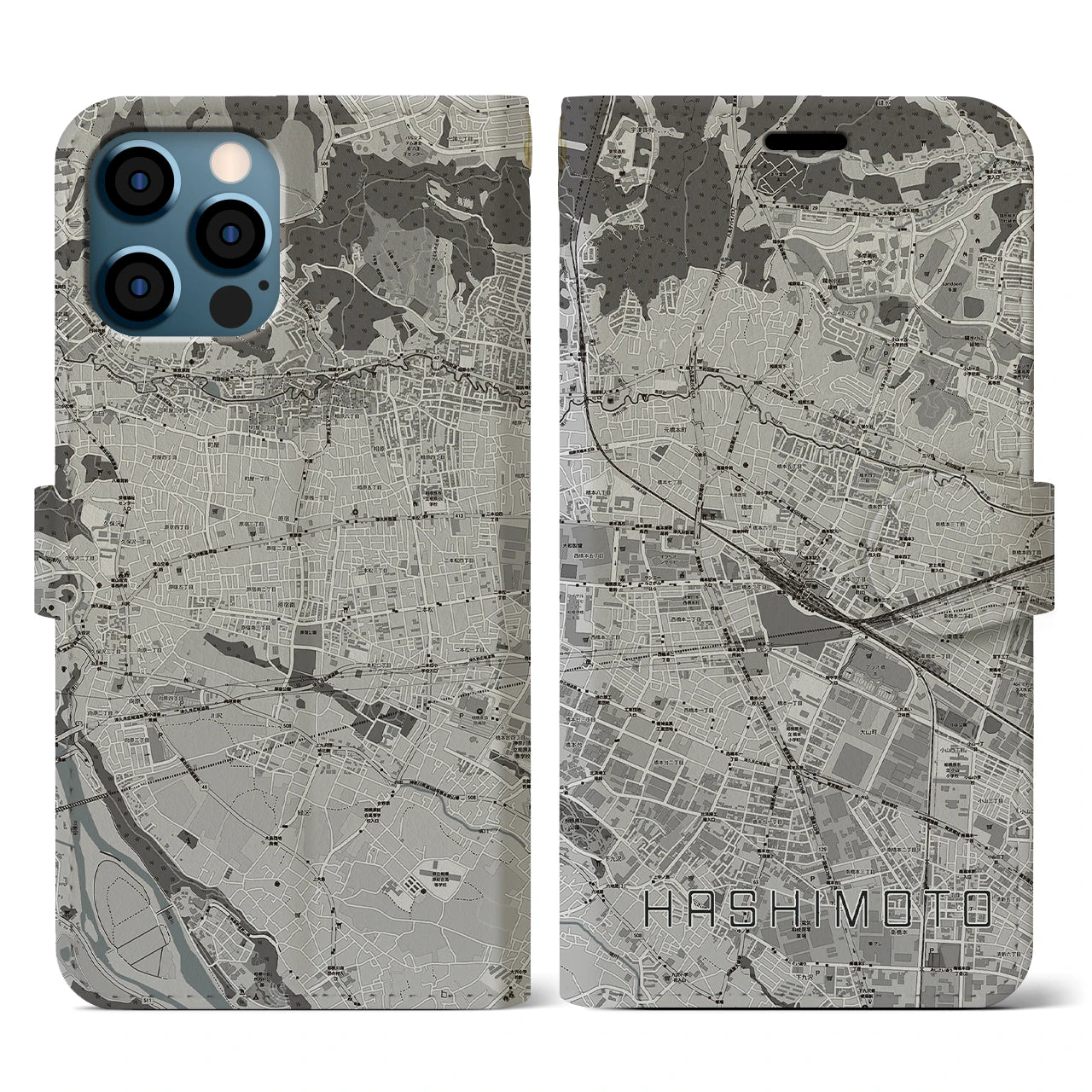 【橋本(神奈川県)】地図柄iPhoneケース(手帳タイプ)モノトーン・iPhone 12 / 12 Pro 用