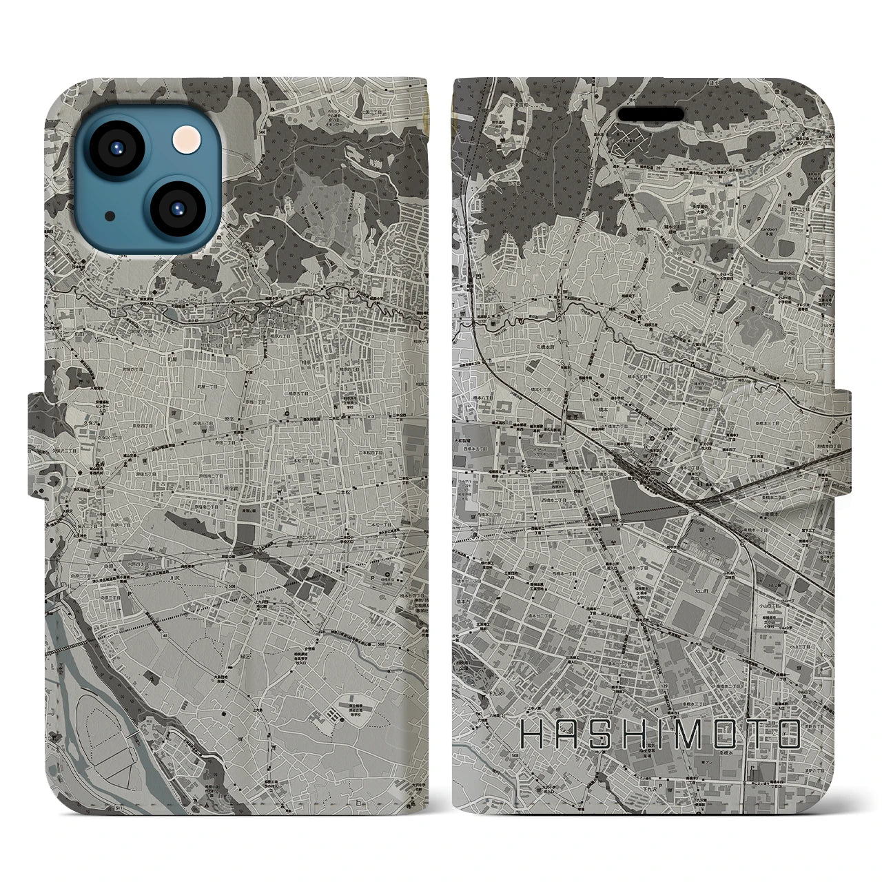 【橋本(神奈川県)】地図柄iPhoneケース(手帳タイプ)モノトーン・iPhone 13 用