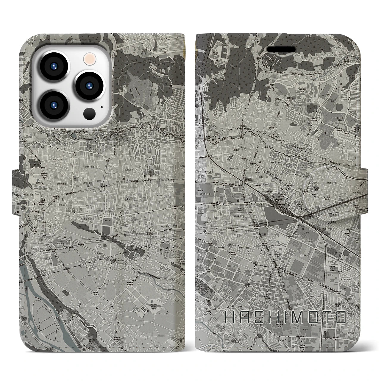 【橋本(神奈川県)】地図柄iPhoneケース(手帳タイプ)モノトーン・iPhone 13 Pro 用