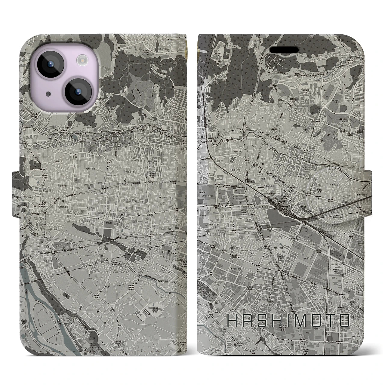 【橋本(神奈川県)】地図柄iPhoneケース(手帳タイプ)モノトーン・iPhone 14 用