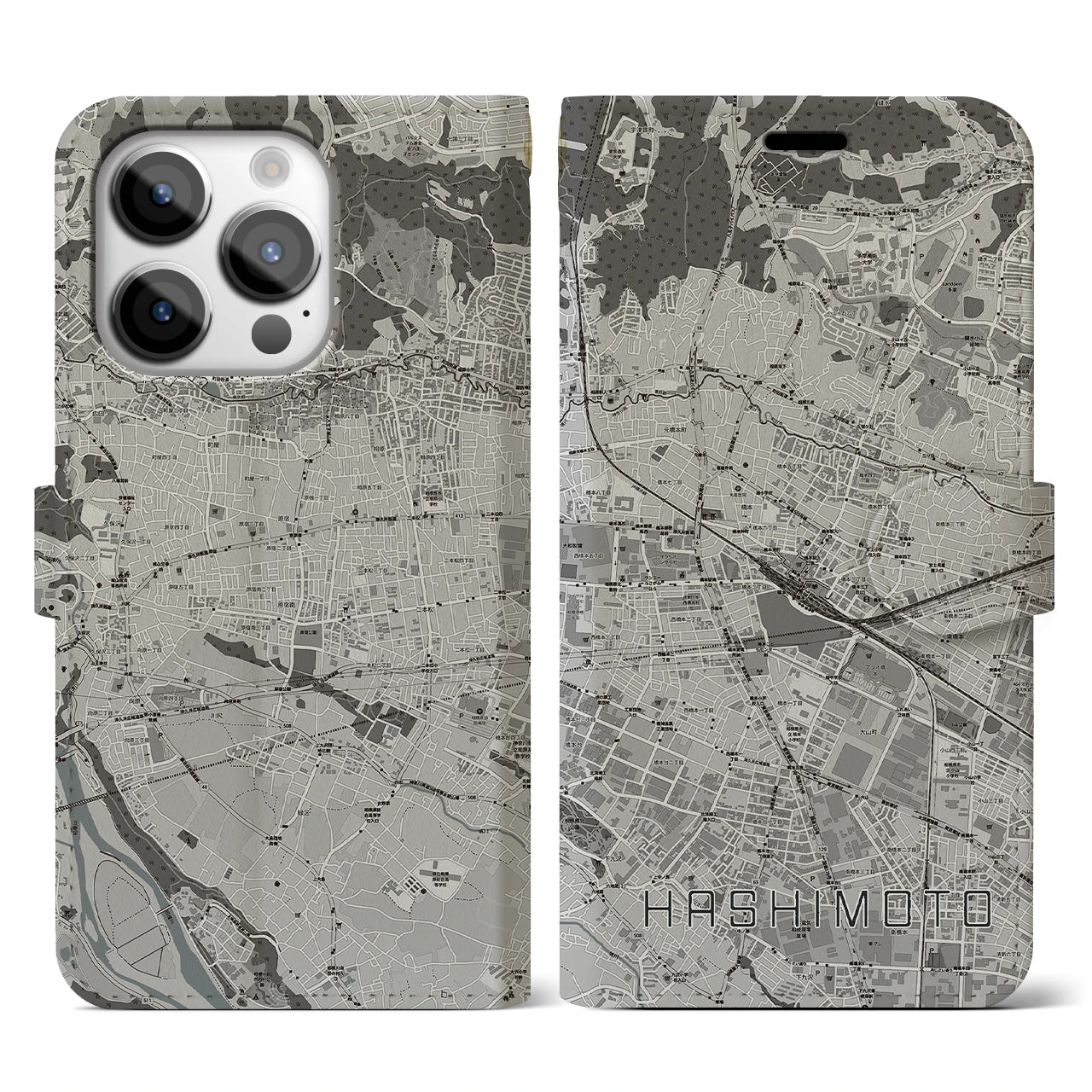【橋本(神奈川県)】地図柄iPhoneケース(手帳タイプ)モノトーン・iPhone 14 Pro 用