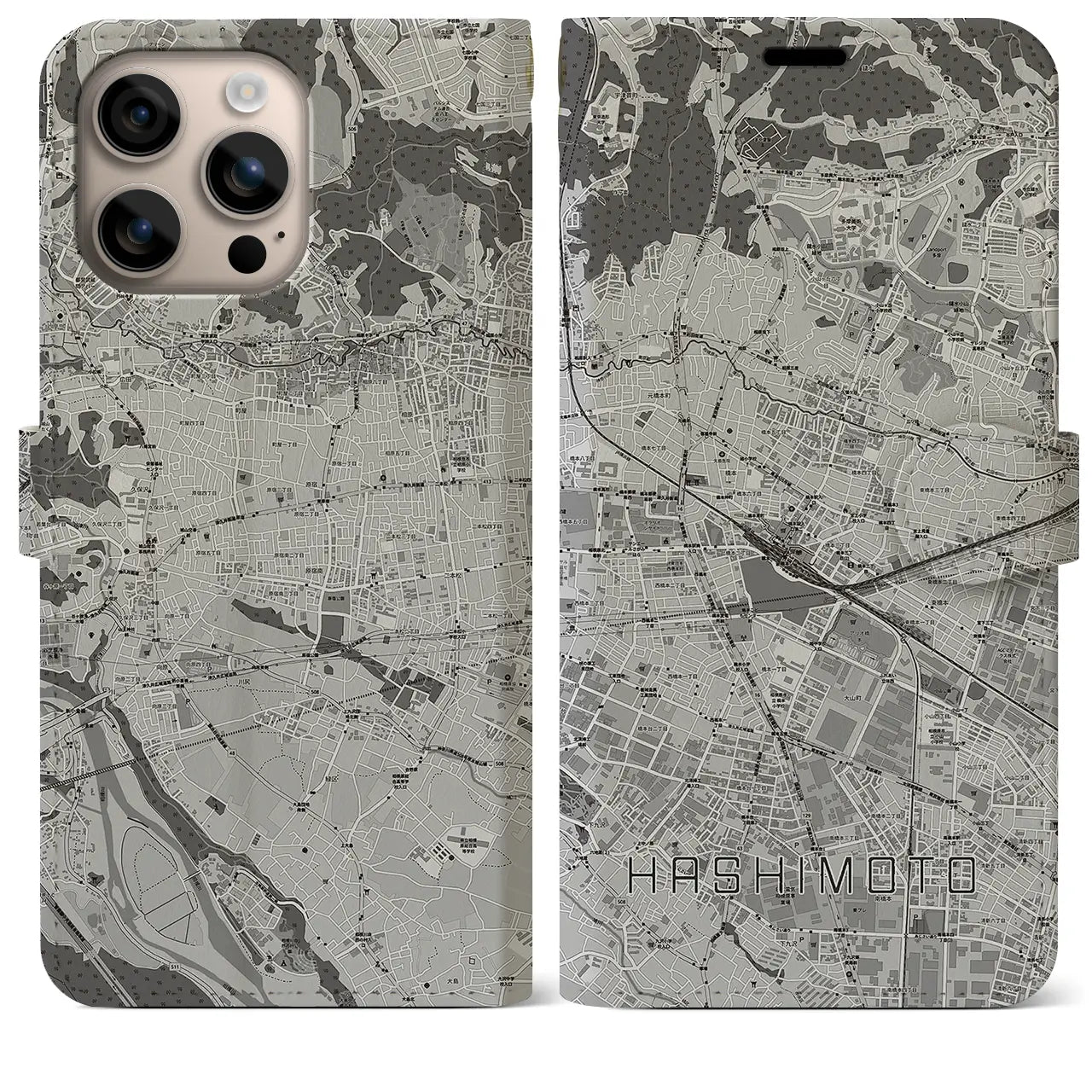 【橋本(神奈川県)】地図柄iPhoneケース(手帳タイプ)モノトーン・iPhone 16 Plus 用
