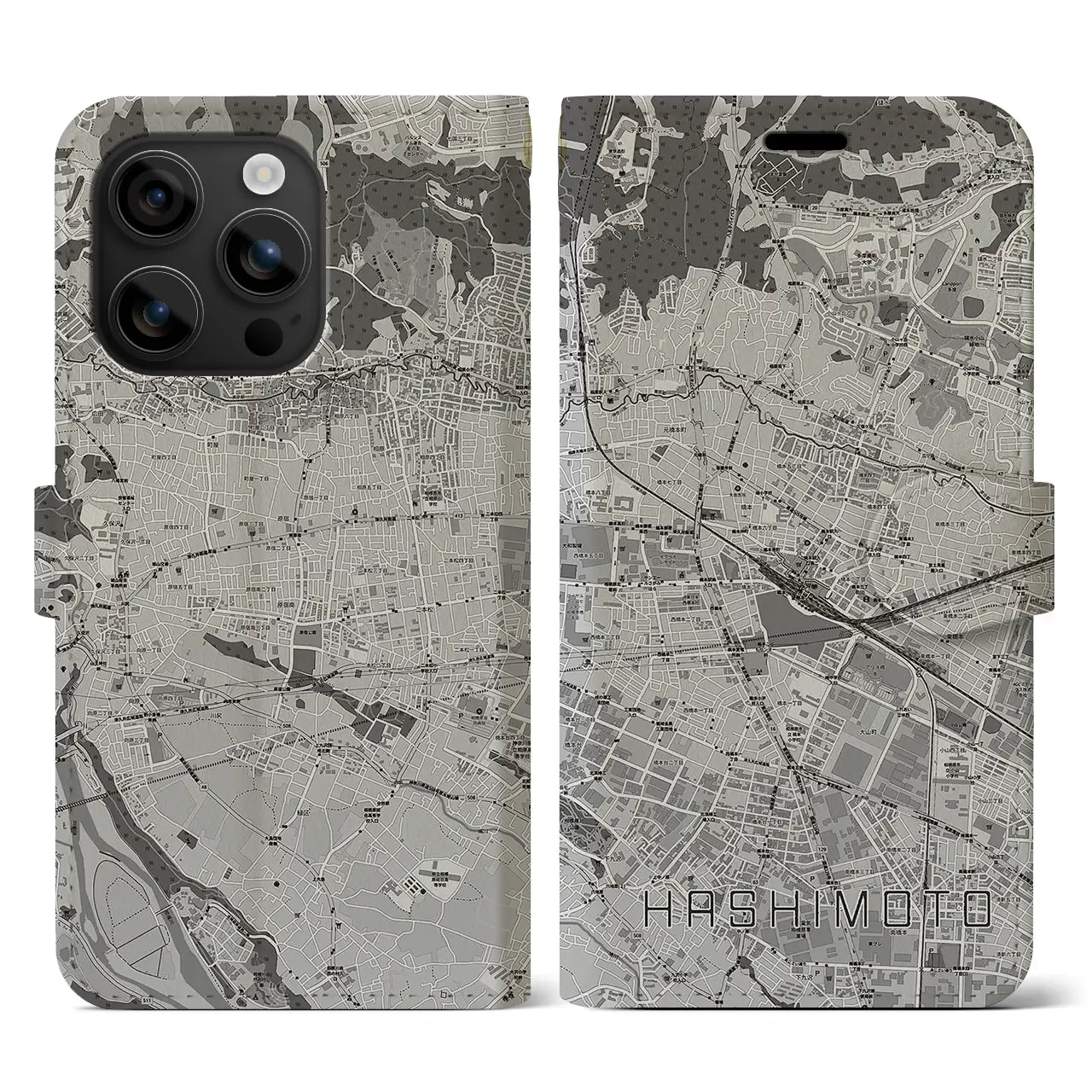 【橋本(神奈川県)】地図柄iPhoneケース(手帳タイプ)モノトーン・iPhone 16 用