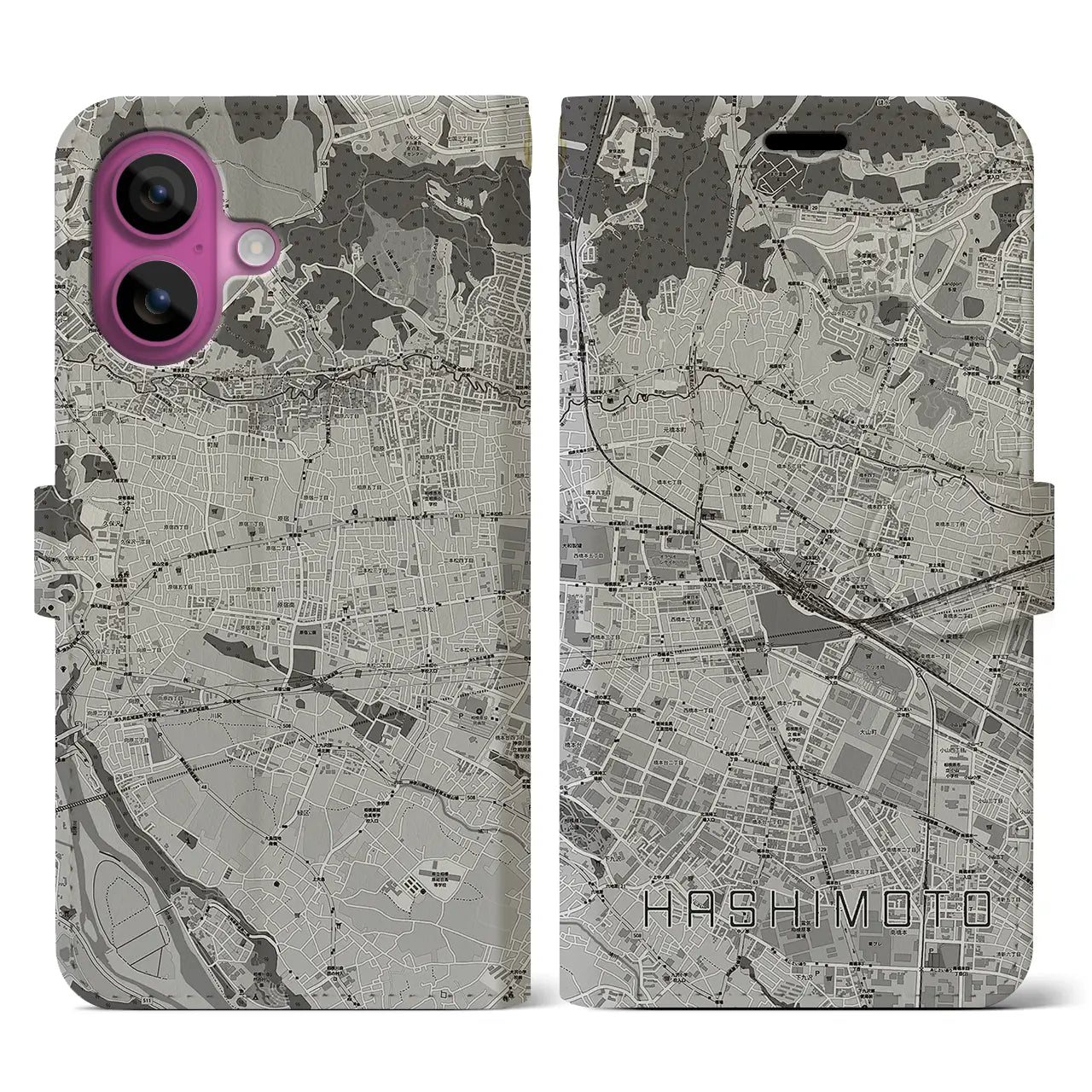 【橋本(神奈川県)】地図柄iPhoneケース(手帳タイプ)モノトーン・iPhone 16 Pro 用
