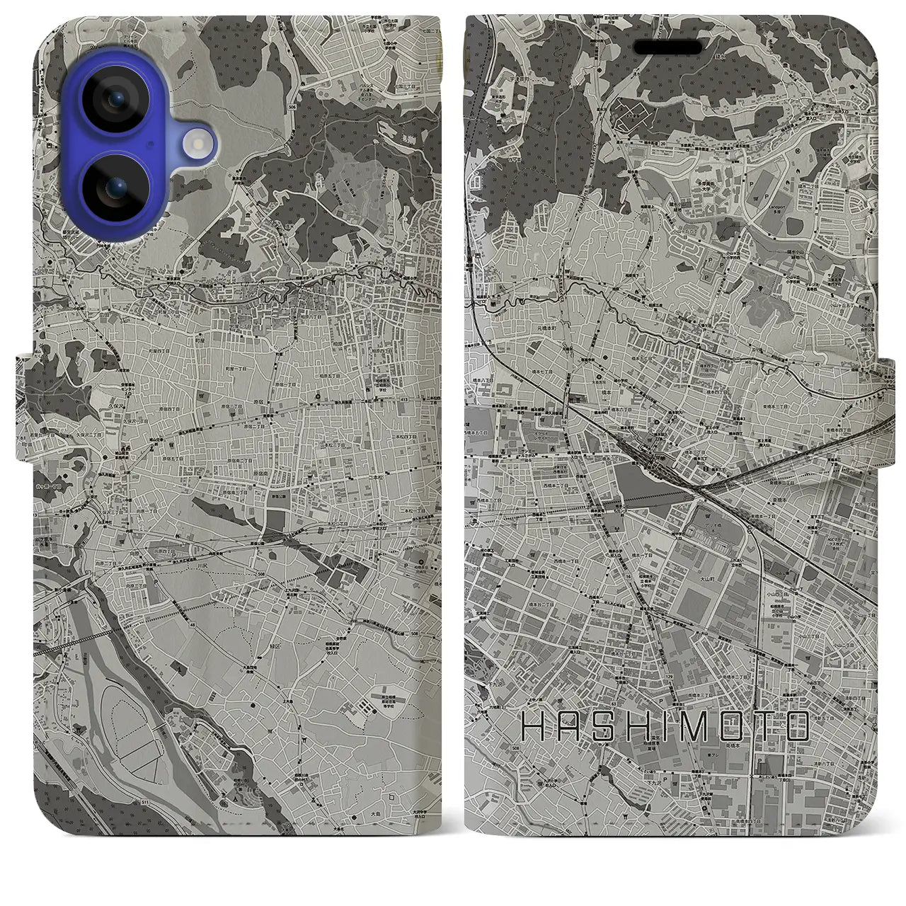 【橋本(神奈川県)】地図柄iPhoneケース(手帳タイプ)モノトーン・iPhone 16 Pro Max 用