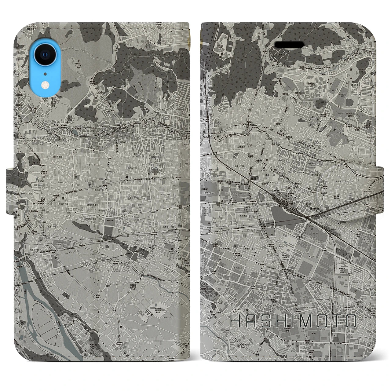 【橋本(神奈川県)】地図柄iPhoneケース(手帳タイプ)モノトーン・iPhone XR 用
