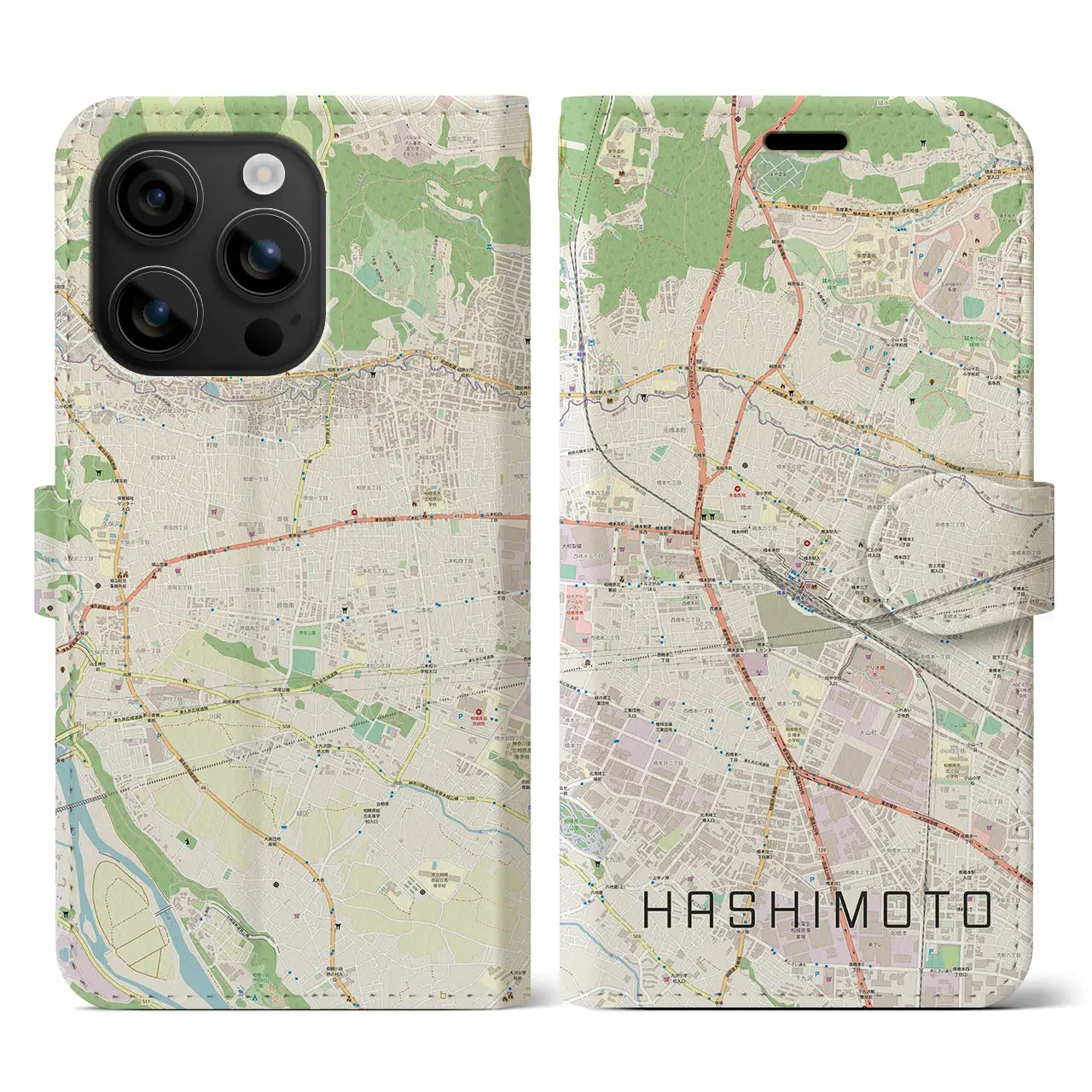【橋本(神奈川県)】地図柄iPhoneケース(手帳タイプ)ナチュラル・iPhone 16 用