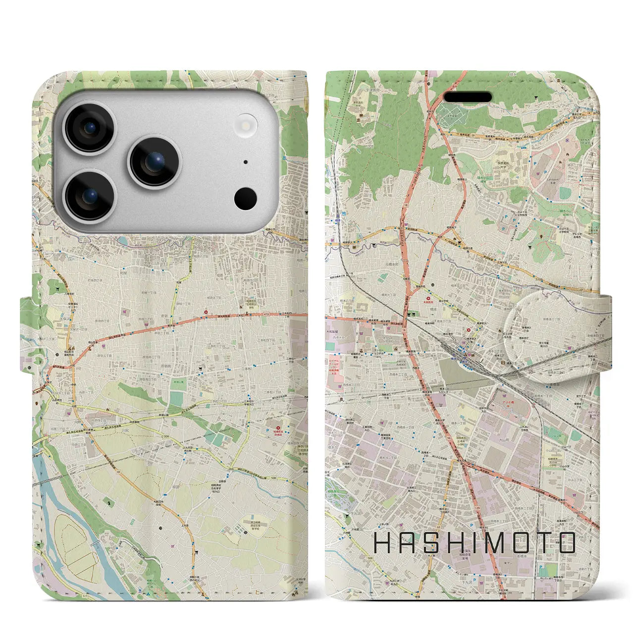 【橋本(神奈川県)】地図柄iPhoneケース(手帳タイプ)ナチュラル・iPhone 17 Pro Max 用