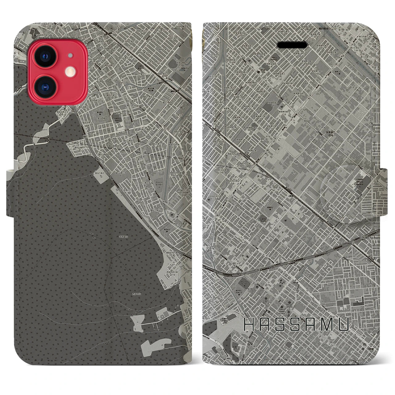 【発寒(北海道)】地図柄iPhoneケース(手帳タイプ)モノトーン・iPhone 11 用