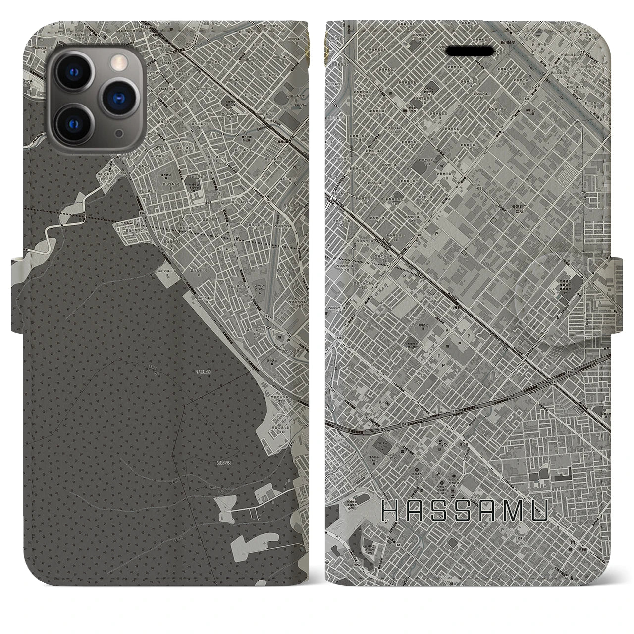 【発寒(北海道)】地図柄iPhoneケース(手帳タイプ)モノトーン・iPhone 11 Pro Max 用