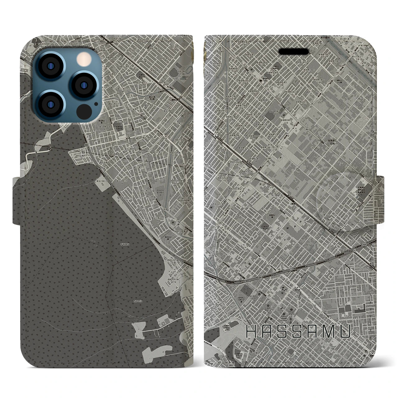 【発寒(北海道)】地図柄iPhoneケース(手帳タイプ)モノトーン・iPhone 12 / 12 Pro 用