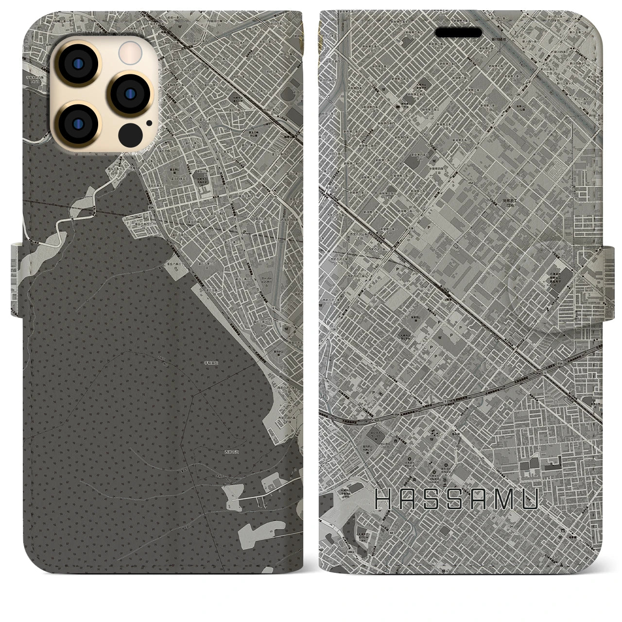【発寒(北海道)】地図柄iPhoneケース(手帳タイプ)モノトーン・iPhone 12 Pro Max 用