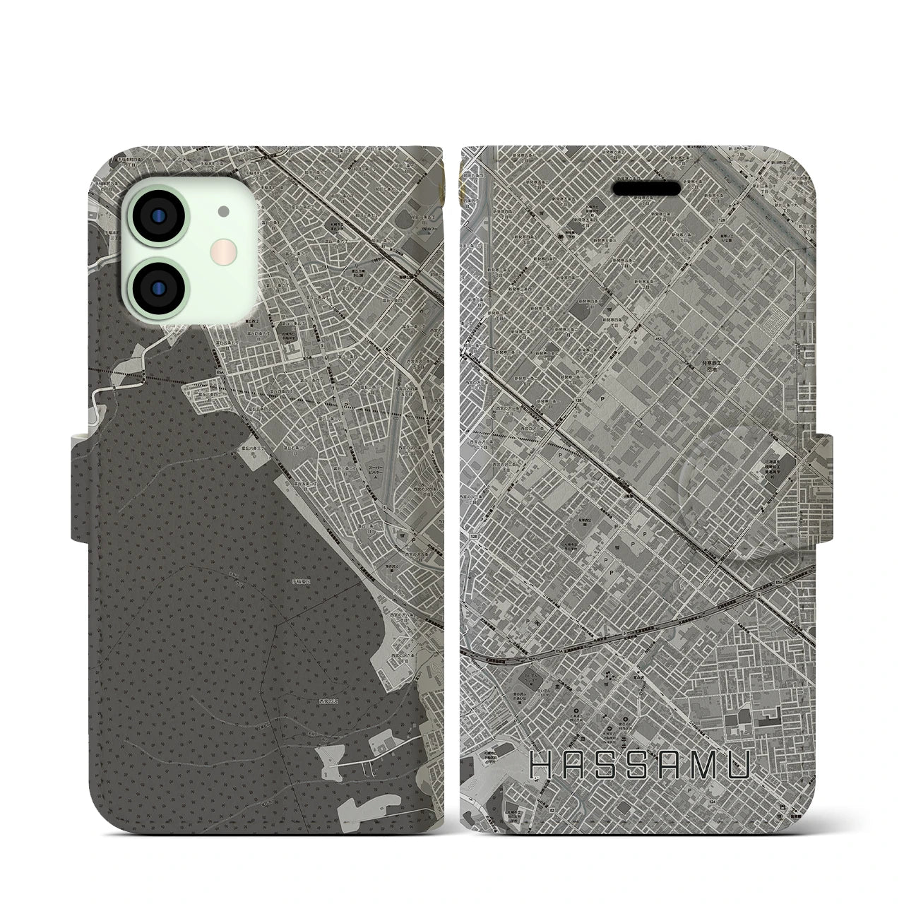 【発寒(北海道)】地図柄iPhoneケース(手帳タイプ)モノトーン・iPhone 12 mini 用