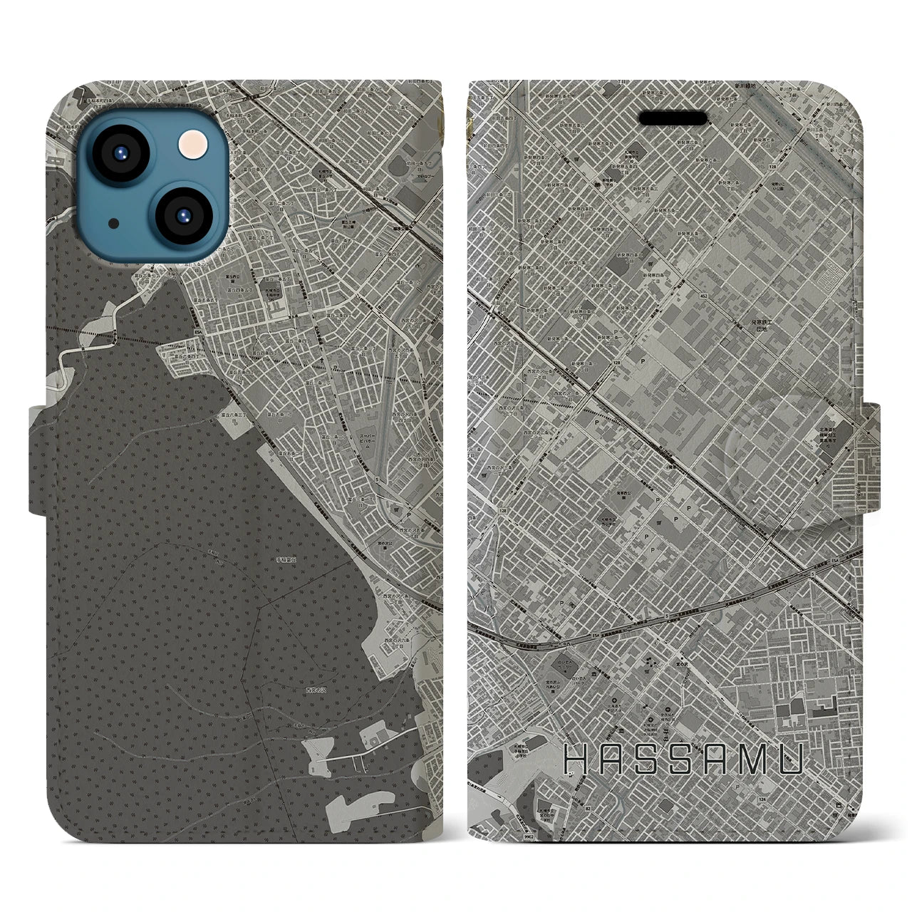 【発寒(北海道)】地図柄iPhoneケース(手帳タイプ)モノトーン・iPhone 13 用