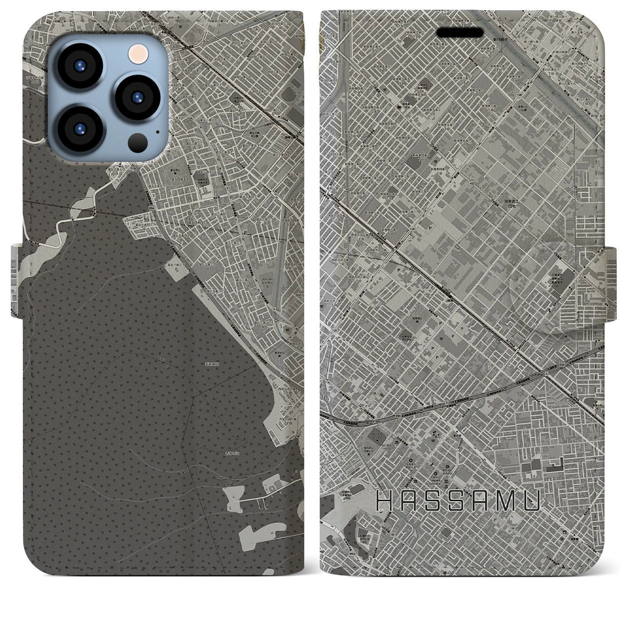 【発寒(北海道)】地図柄iPhoneケース(手帳タイプ)モノトーン・iPhone 13 Pro Max 用