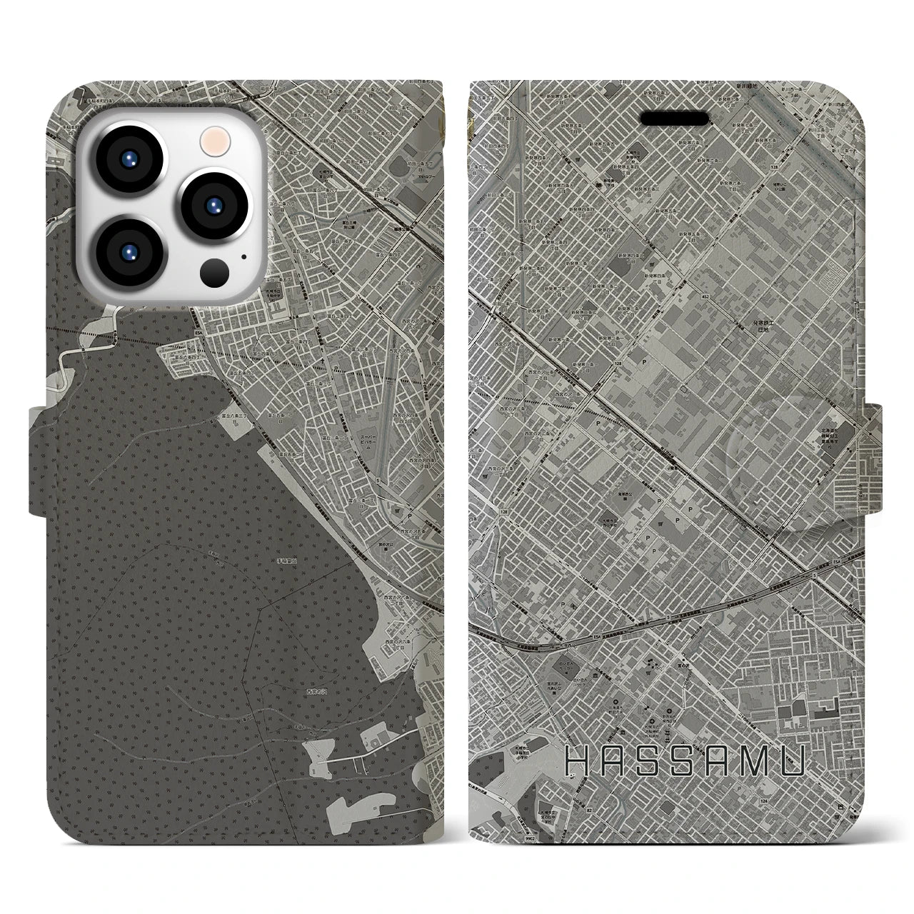 【発寒(北海道)】地図柄iPhoneケース(手帳タイプ)モノトーン・iPhone 13 Pro 用