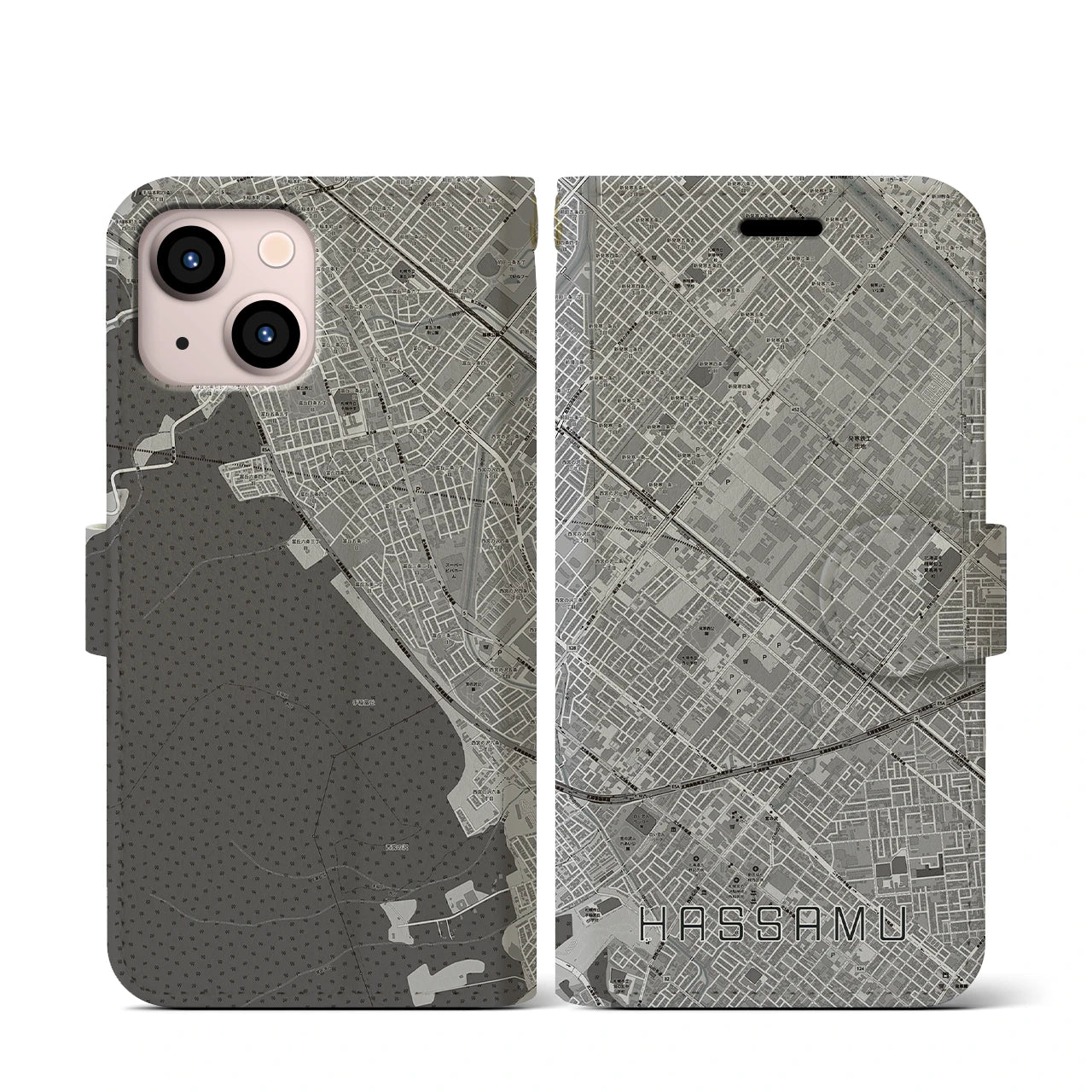 【発寒(北海道)】地図柄iPhoneケース(手帳タイプ)モノトーン・iPhone 13 mini 用