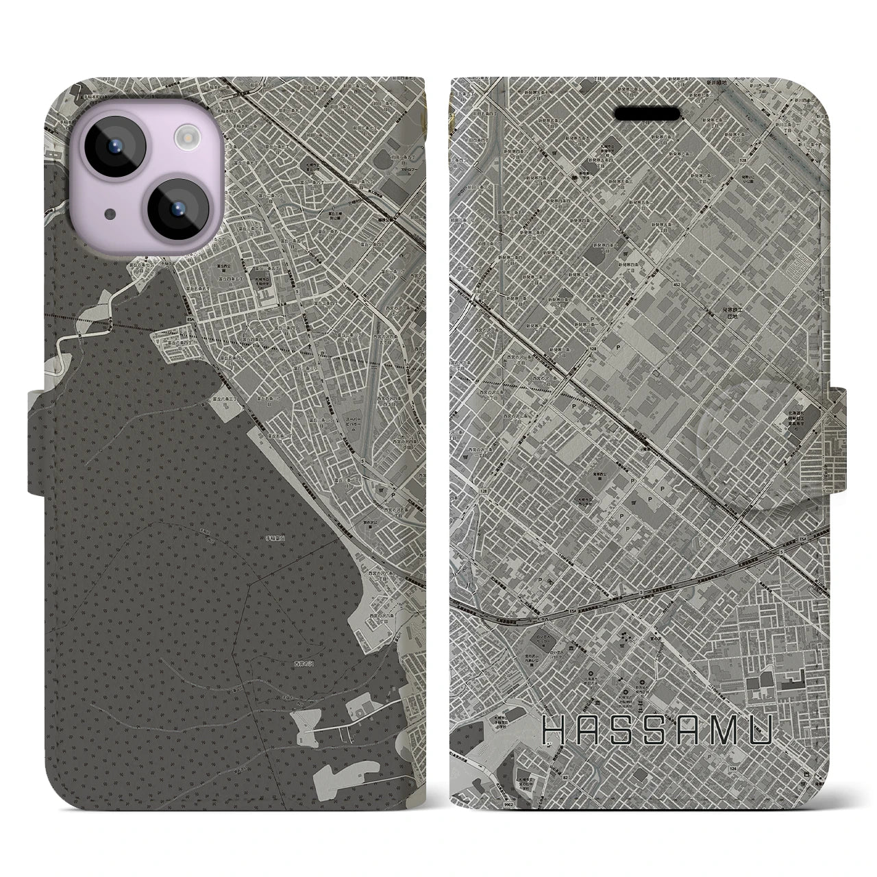 【発寒(北海道)】地図柄iPhoneケース(手帳タイプ)モノトーン・iPhone 14 用