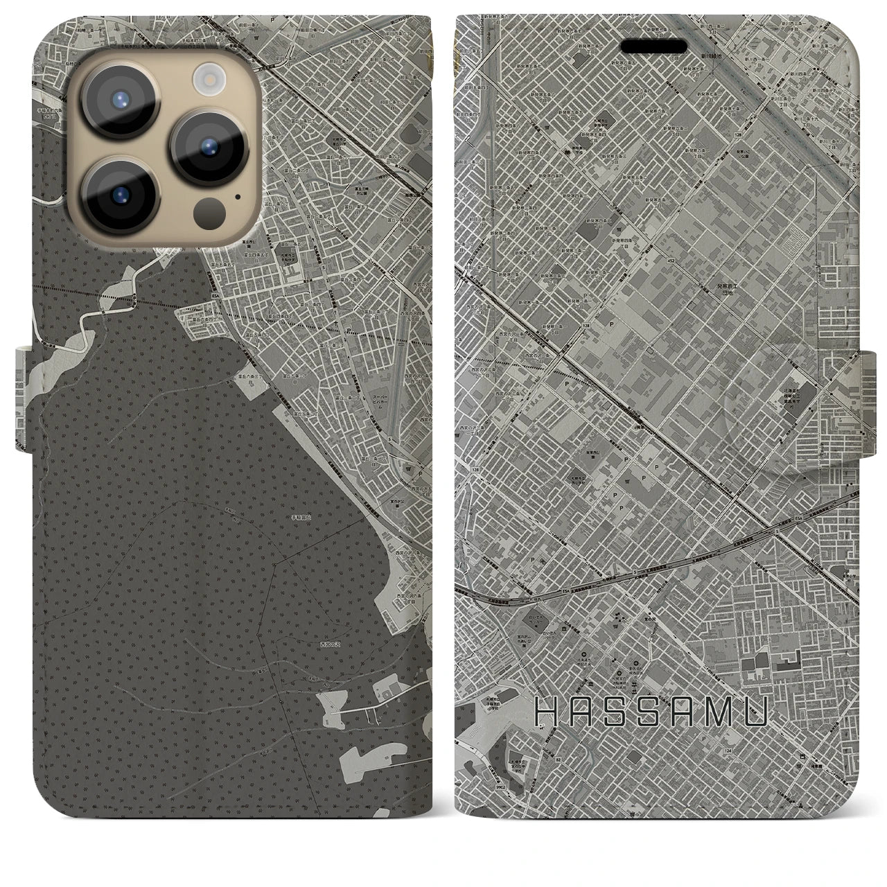 【発寒(北海道)】地図柄iPhoneケース(手帳タイプ)モノトーン・iPhone 14 Pro Max 用