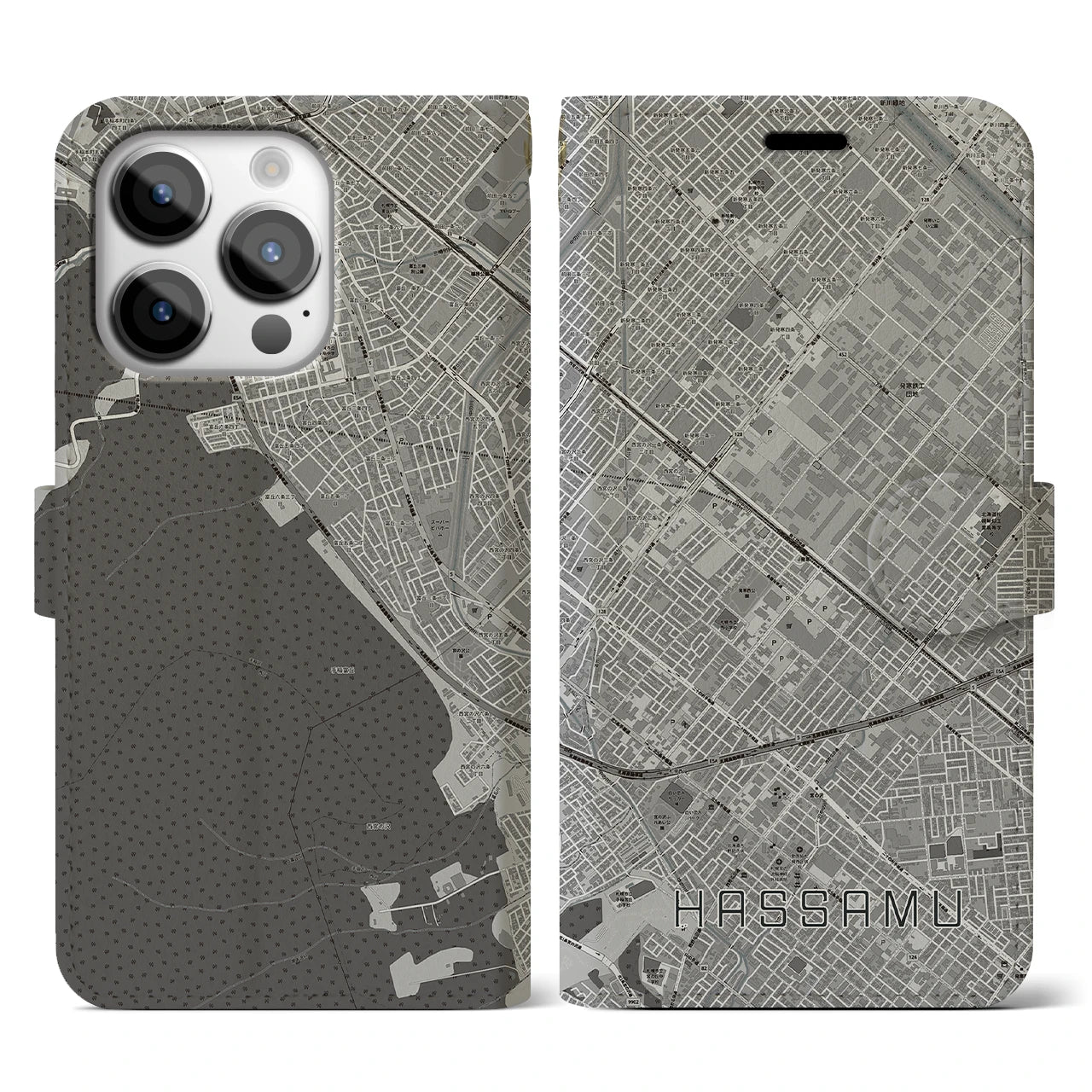 【発寒(北海道)】地図柄iPhoneケース(手帳タイプ)モノトーン・iPhone 14 Pro 用