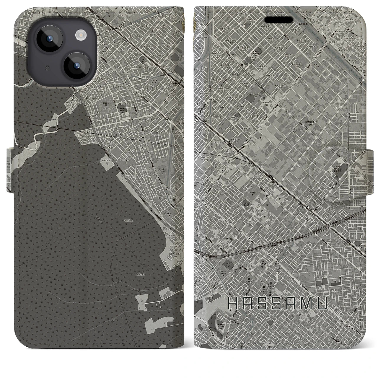【発寒(北海道)】地図柄iPhoneケース(手帳タイプ)モノトーン・iPhone 14 Plus 用