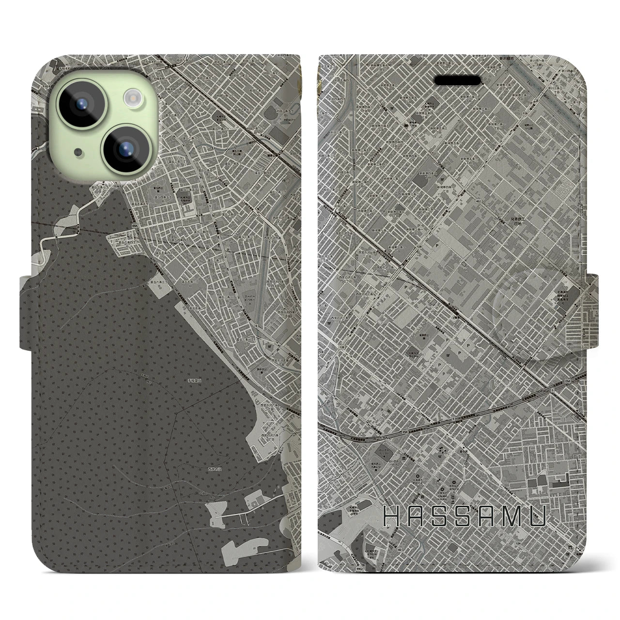 【発寒(北海道)】地図柄iPhoneケース(手帳タイプ)モノトーン・iPhone 15 用