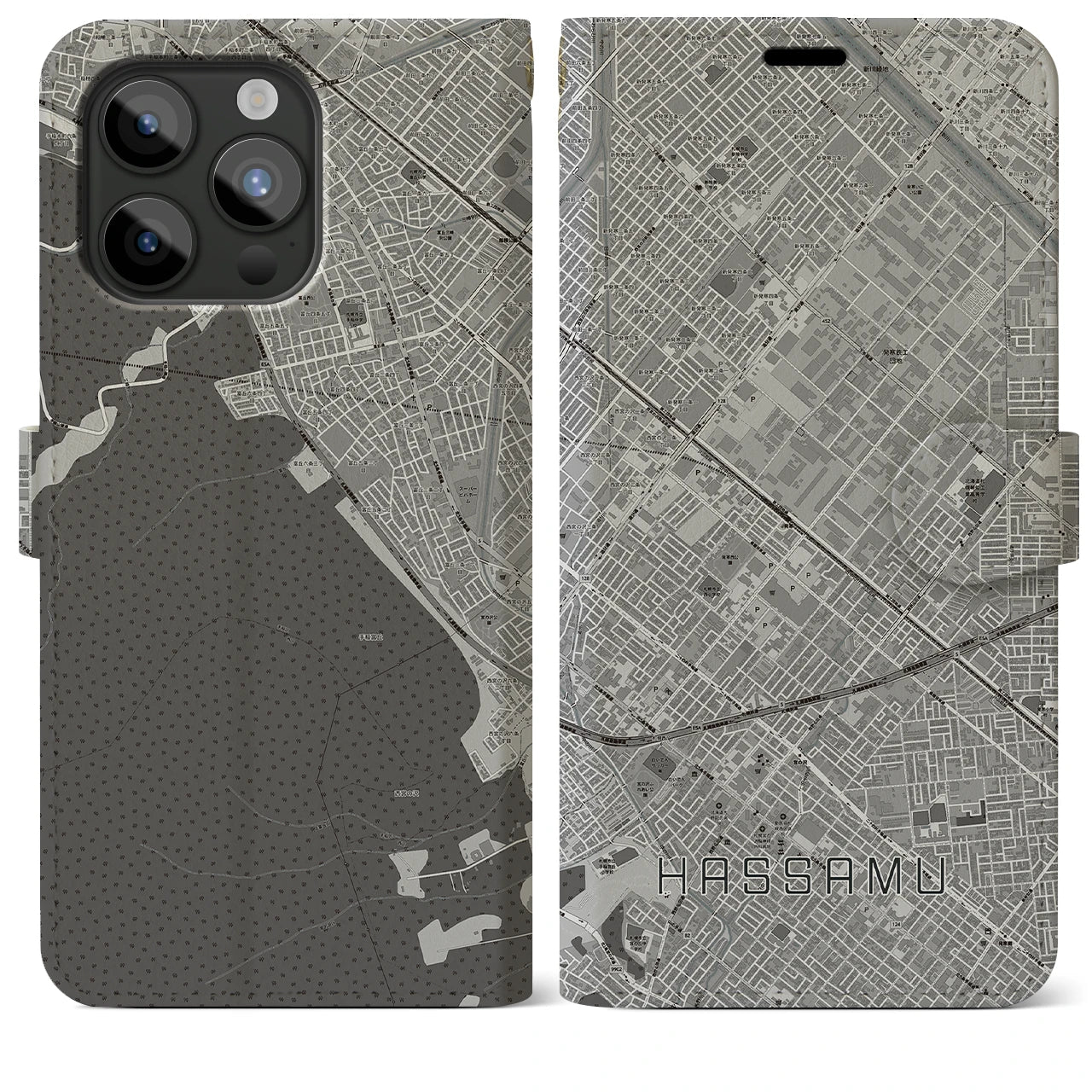 【発寒(北海道)】地図柄iPhoneケース(手帳タイプ)モノトーン・iPhone 15 Pro Max 用