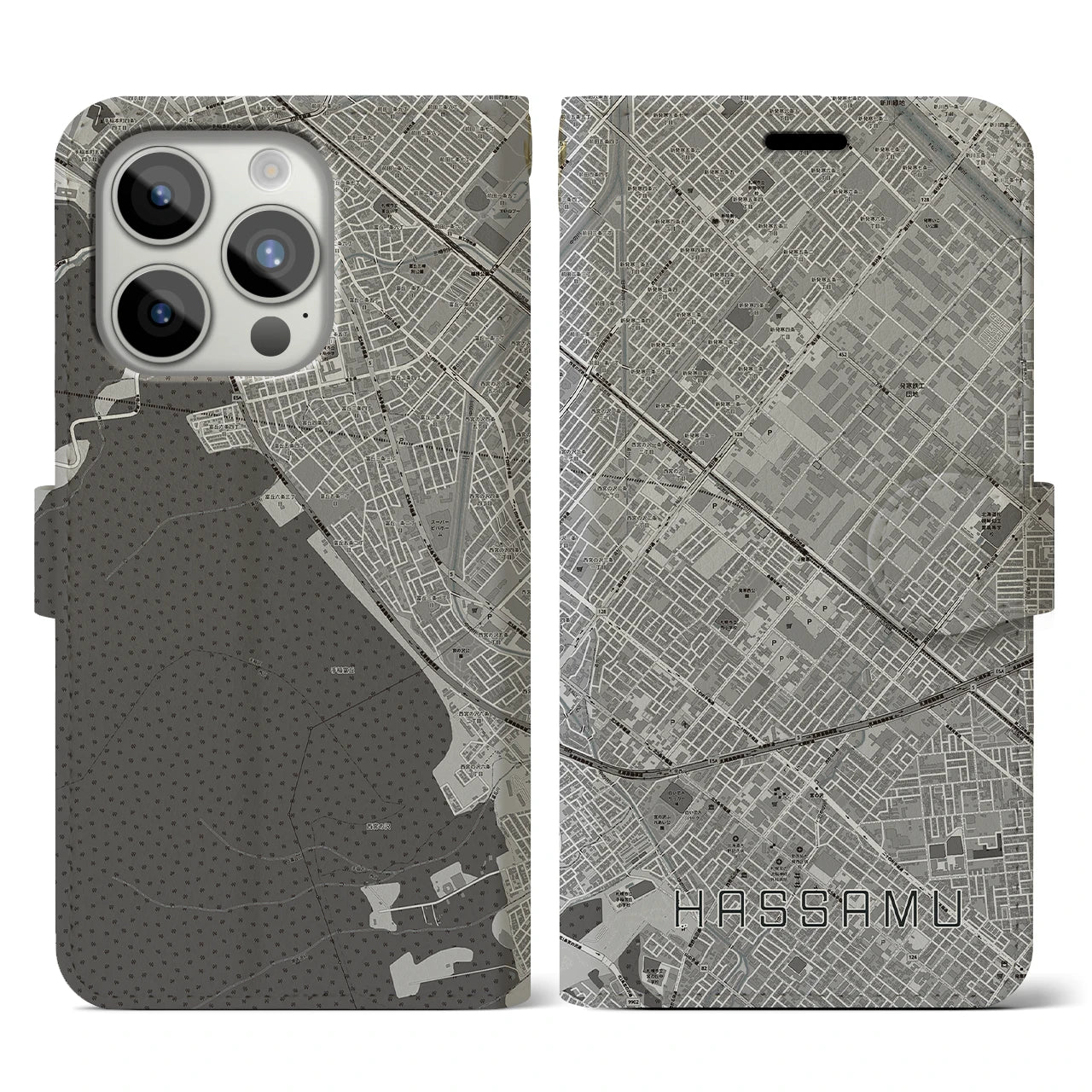 【発寒(北海道)】地図柄iPhoneケース(手帳タイプ)モノトーン・iPhone 15 Pro 用