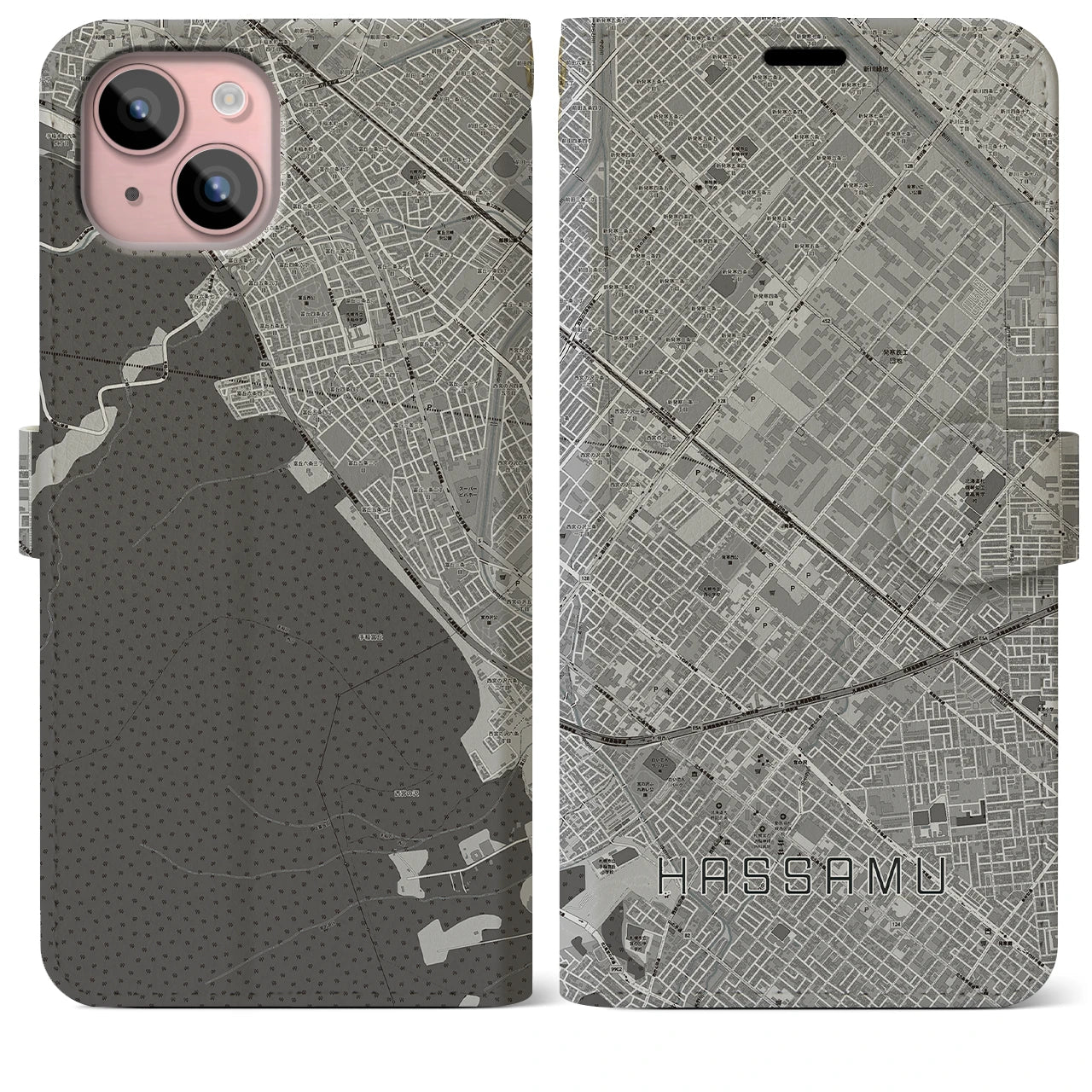 【発寒(北海道)】地図柄iPhoneケース(手帳タイプ)モノトーン・iPhone 15 Plus 用