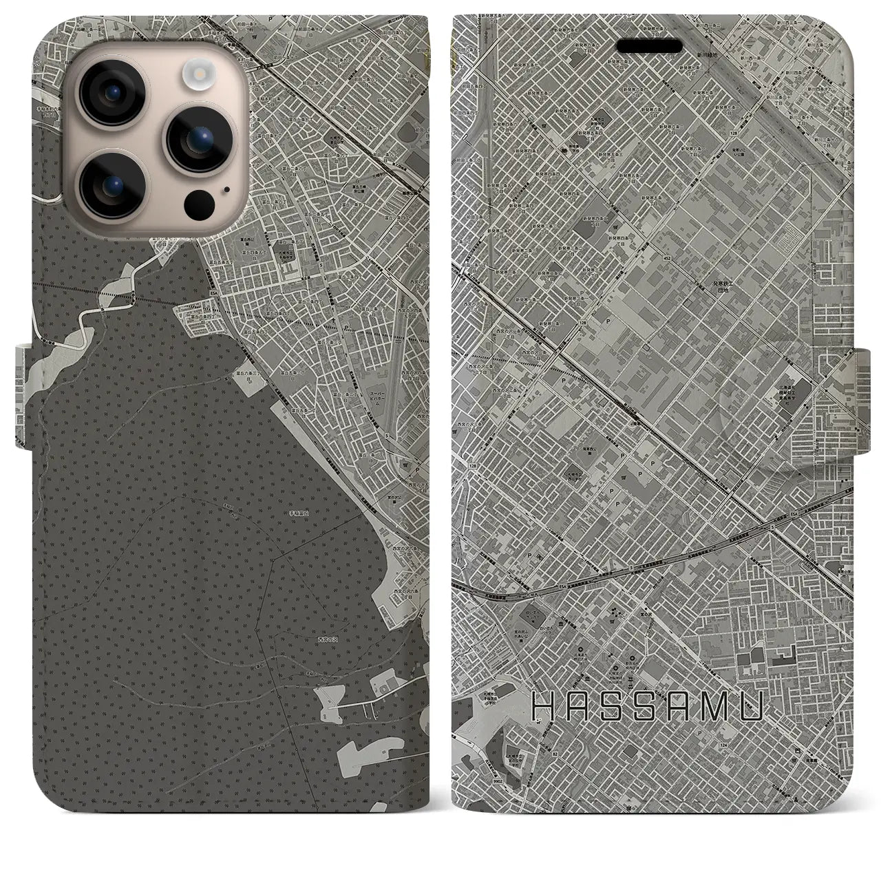 【発寒(北海道)】地図柄iPhoneケース(手帳タイプ)モノトーン・iPhone 16 Plus 用