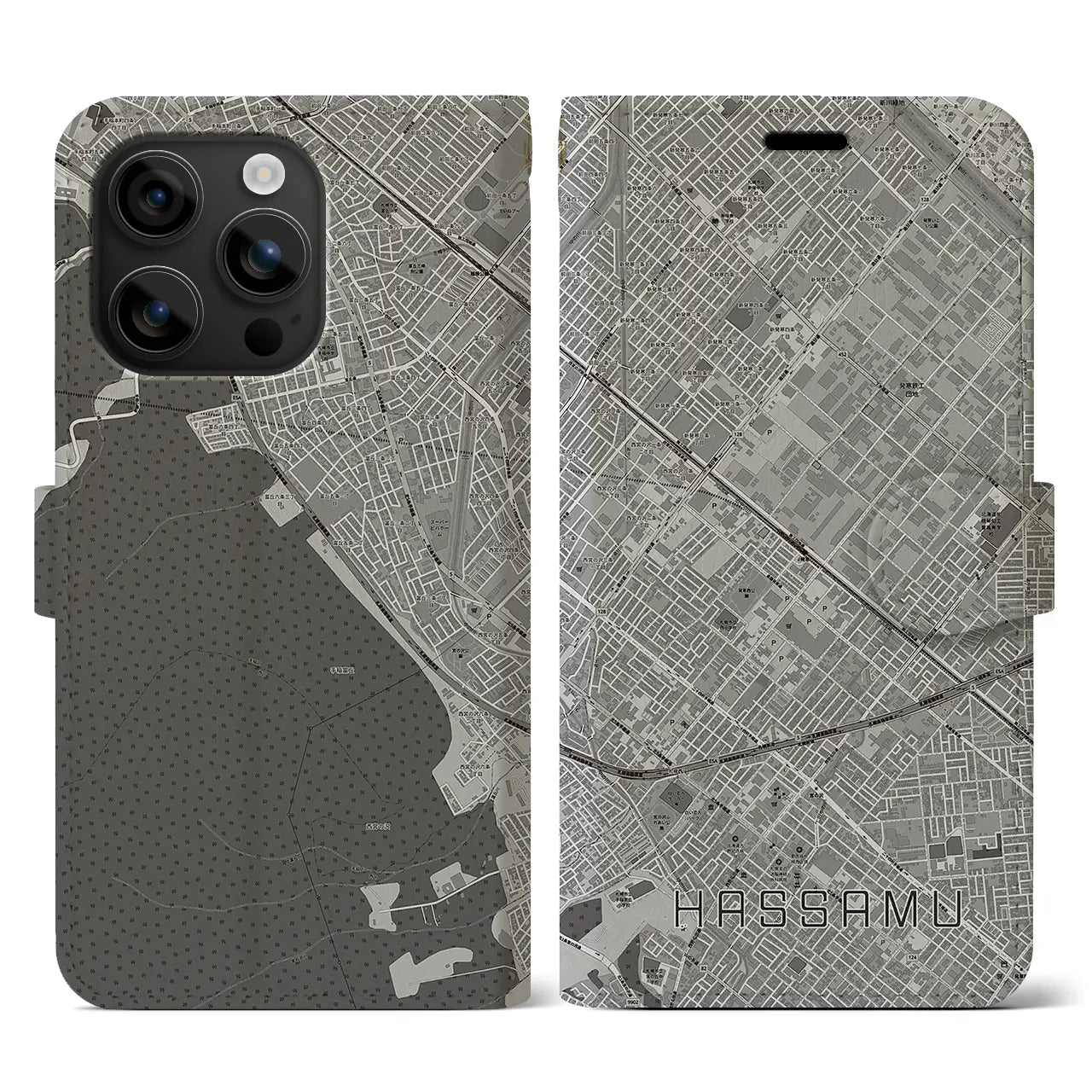 【発寒(北海道)】地図柄iPhoneケース(手帳タイプ)モノトーン・iPhone 16 用