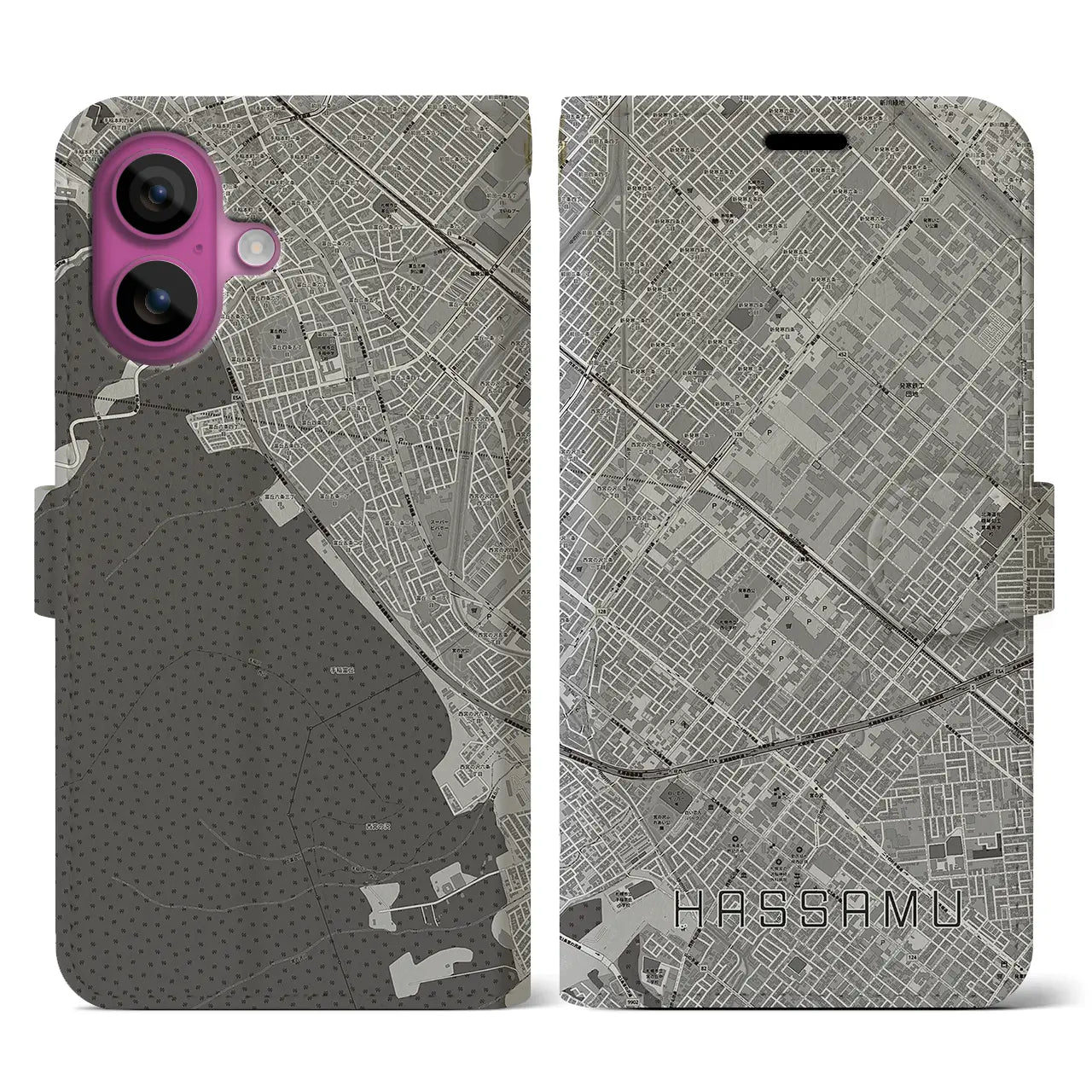 【発寒(北海道)】地図柄iPhoneケース(手帳タイプ)モノトーン・iPhone 16 Pro 用
