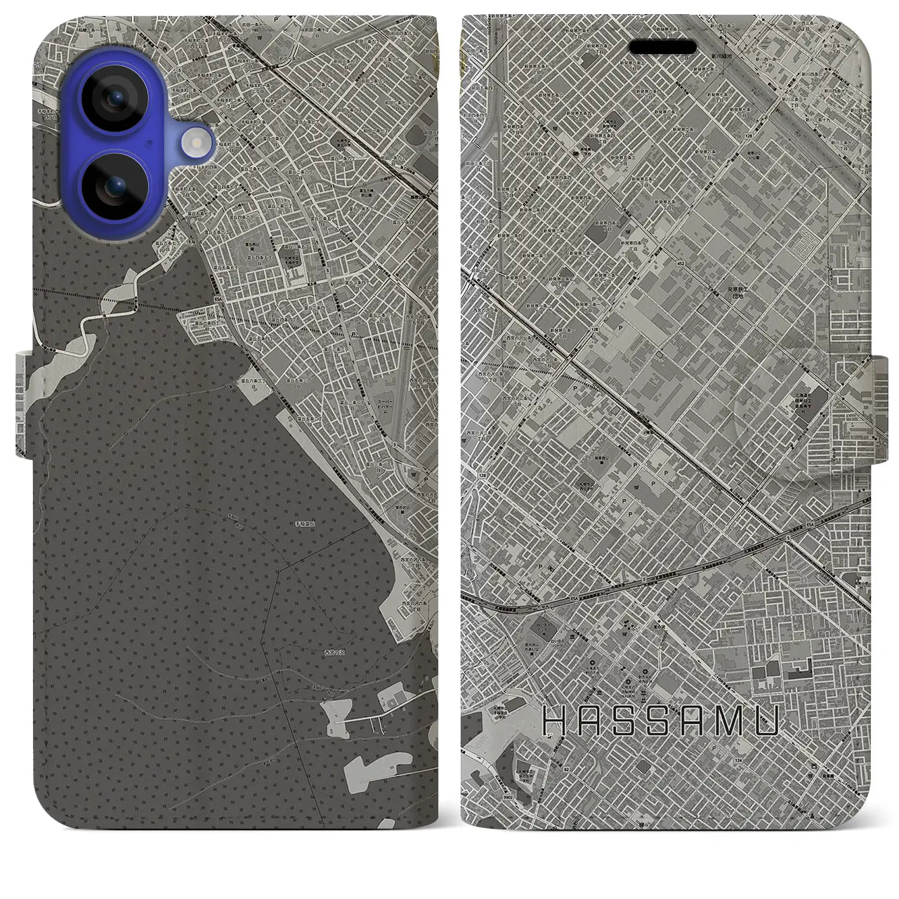 【発寒(北海道)】地図柄iPhoneケース(手帳タイプ)モノトーン・iPhone 16 Pro Max 用