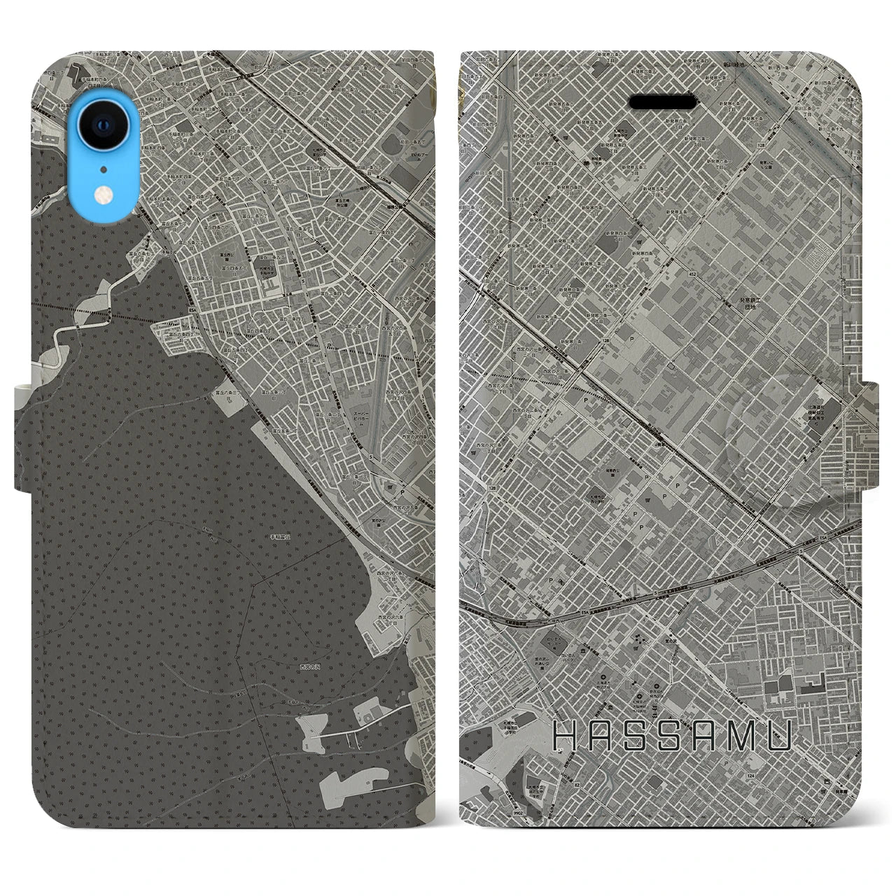 【発寒(北海道)】地図柄iPhoneケース(手帳タイプ)モノトーン・iPhone XR 用