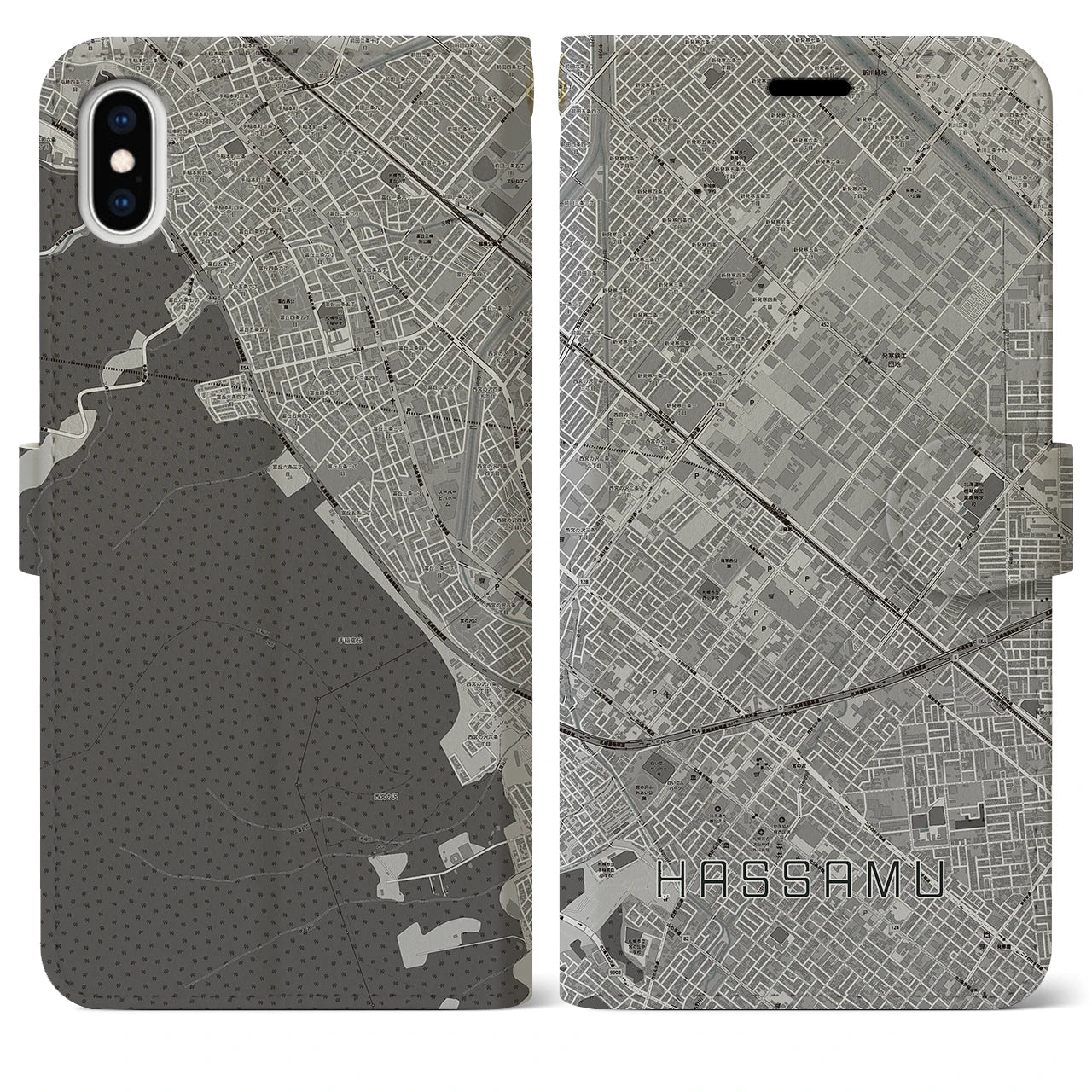【発寒(北海道)】地図柄iPhoneケース(手帳タイプ)モノトーン・iPhone XS Max 用