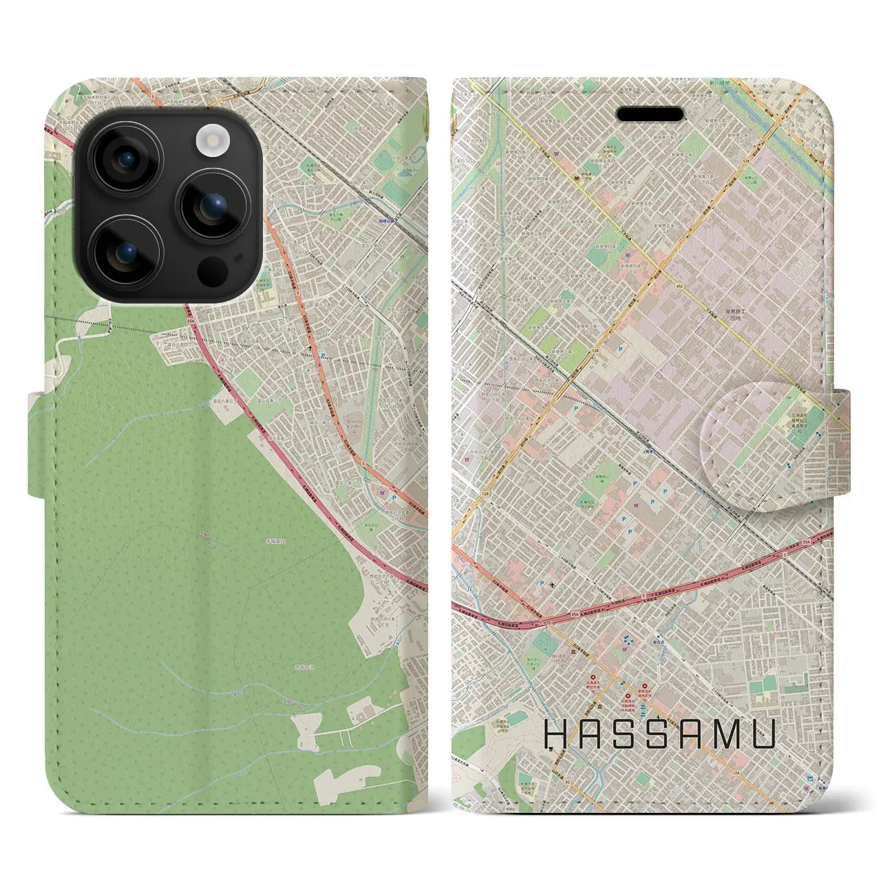 【発寒(北海道)】地図柄iPhoneケース(手帳タイプ)ナチュラル・iPhone 16 用