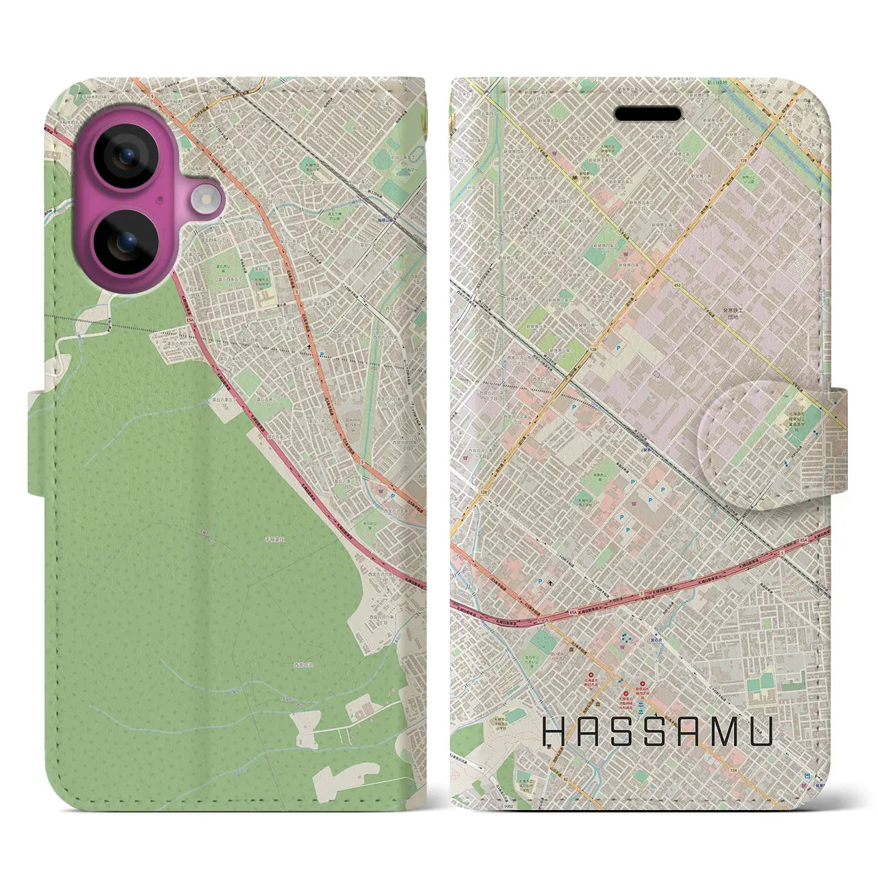 【発寒(北海道)】地図柄iPhoneケース(手帳タイプ)ナチュラル・iPhone 16 Pro 用