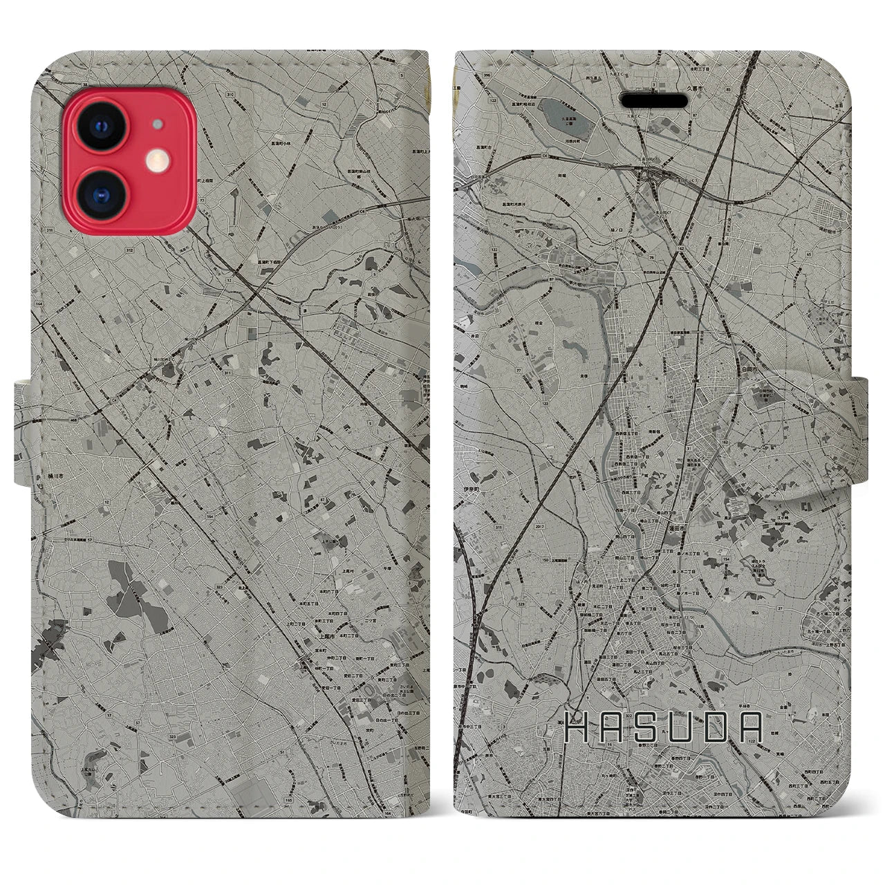 【蓮田(埼玉県)】地図柄iPhoneケース(手帳タイプ)モノトーン・iPhone 11 用