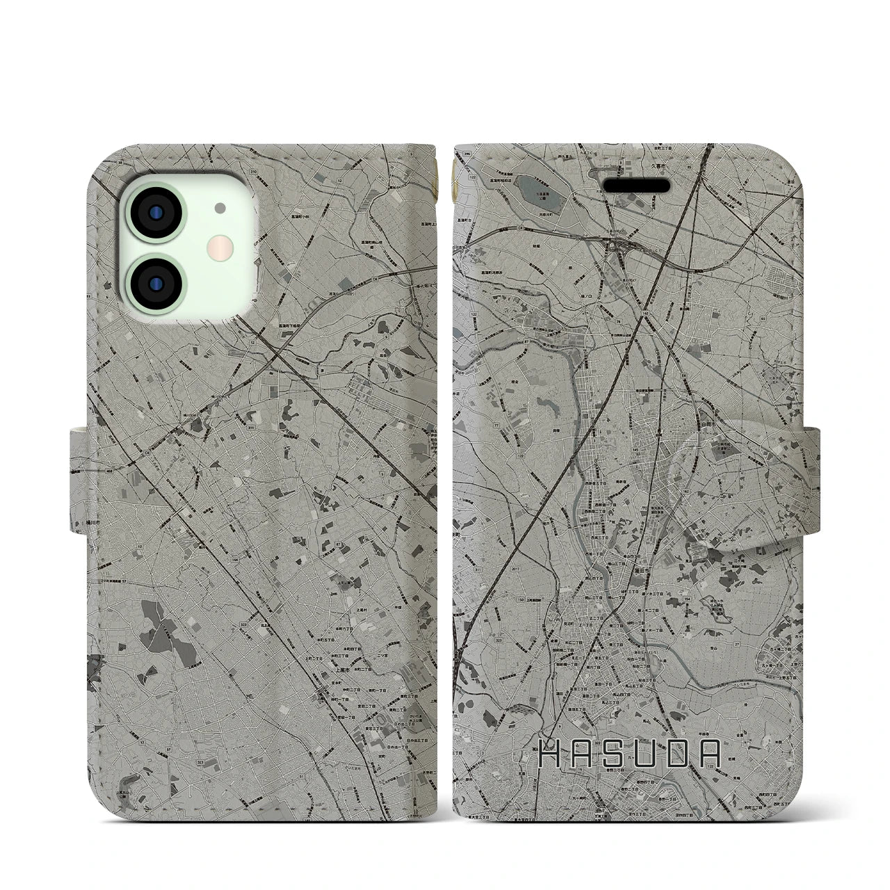 【蓮田(埼玉県)】地図柄iPhoneケース(手帳タイプ)モノトーン・iPhone 12 mini 用
