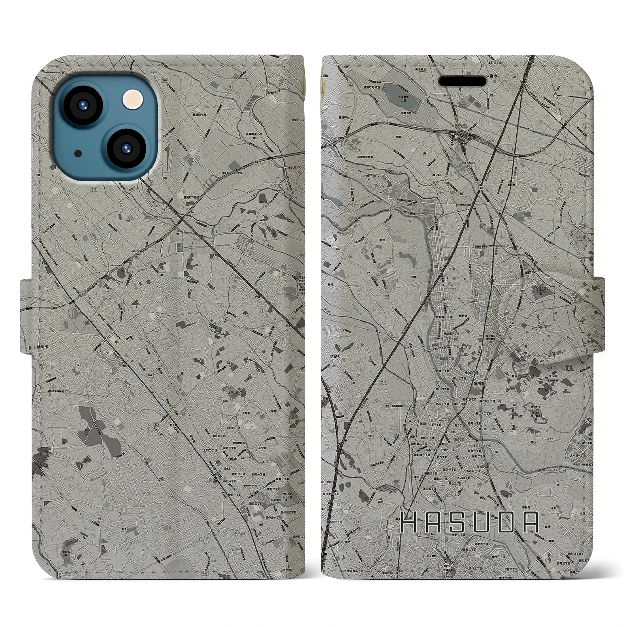 【蓮田(埼玉県)】地図柄iPhoneケース(手帳タイプ)モノトーン・iPhone 13 用
