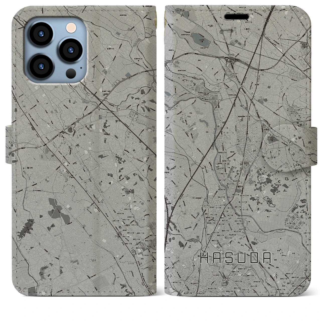 【蓮田(埼玉県)】地図柄iPhoneケース(手帳タイプ)モノトーン・iPhone 13 Pro Max 用